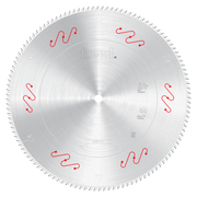Freud 14" circular saw blade with carbide-tipped teeth and red markings on silver steel body.
