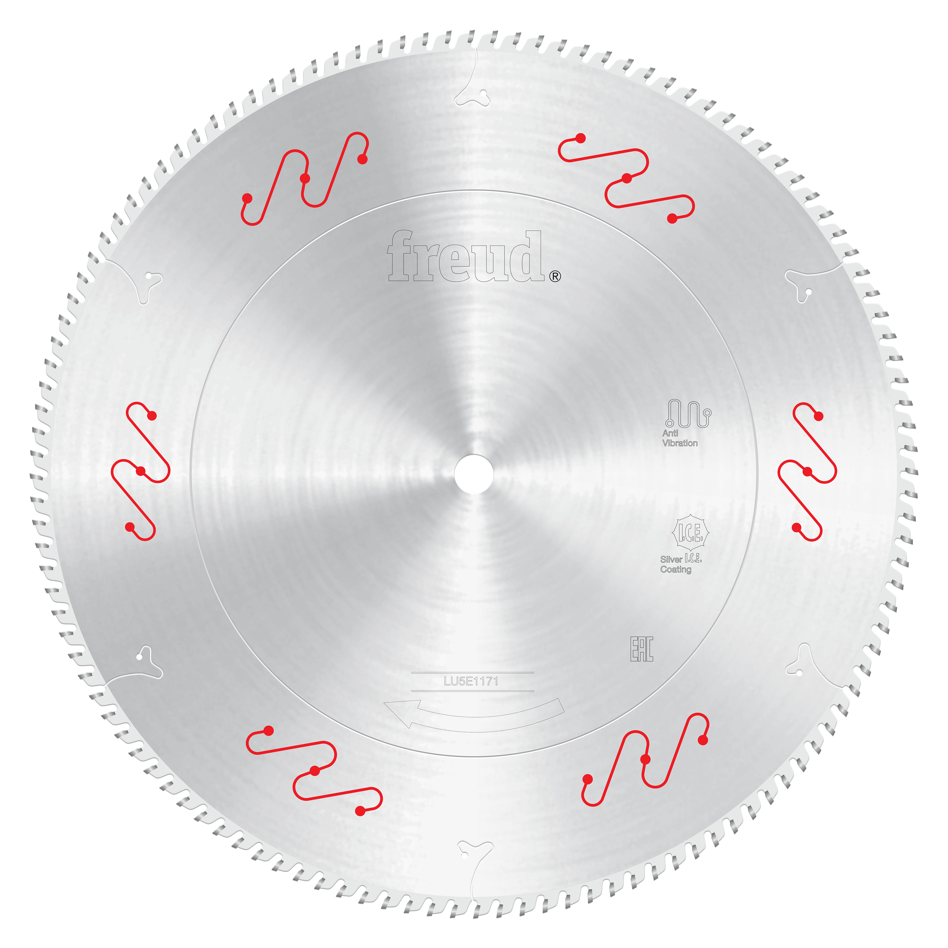 Freud 14" circular saw blade with carbide-tipped teeth and red markings on silver steel body.