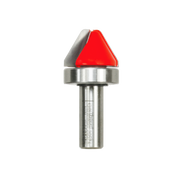 Metal router bit with red triangular cutting head and silver shank for lettering and engraving applications.