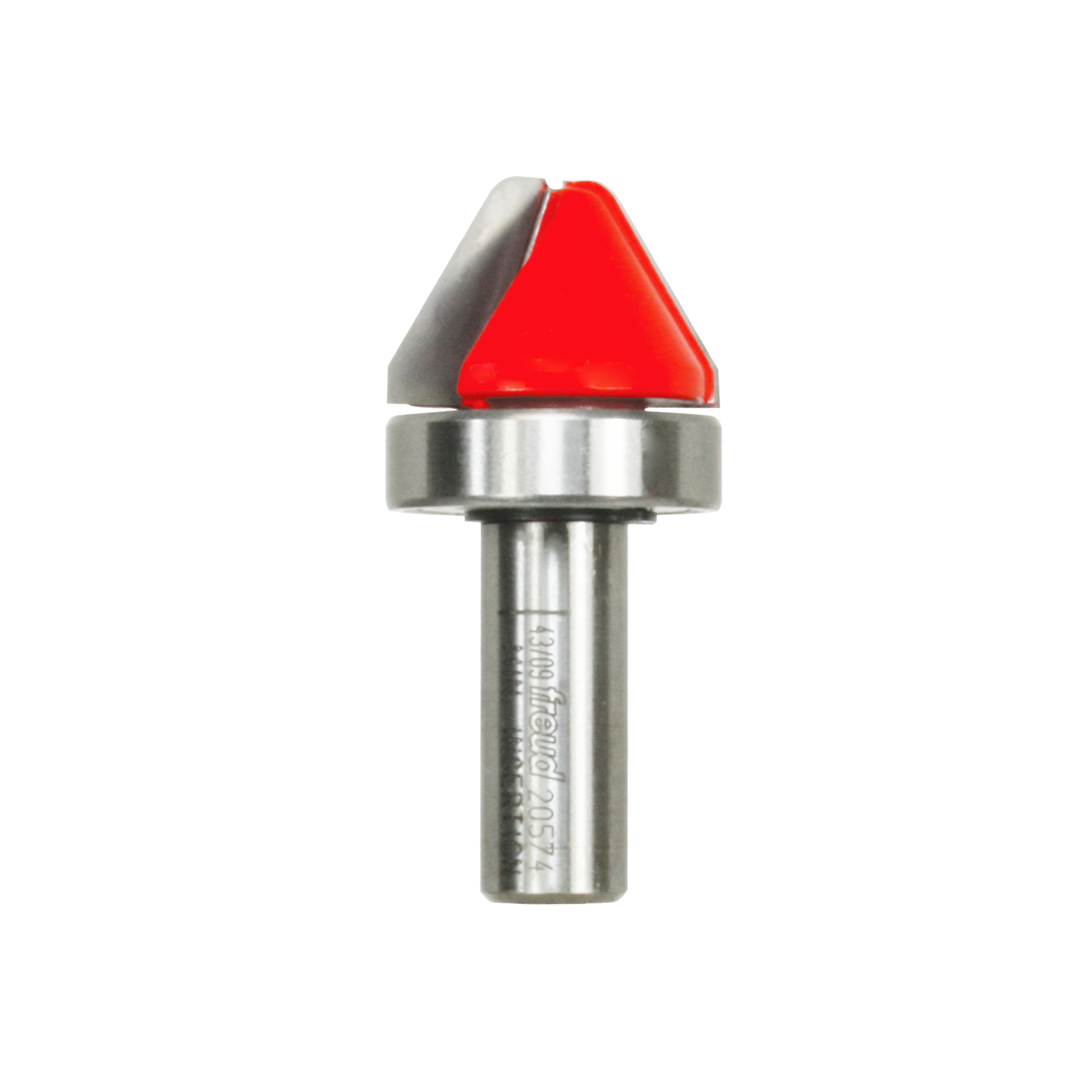 Metal router bit with red triangular cutting head and silver shank for lettering and engraving applications.