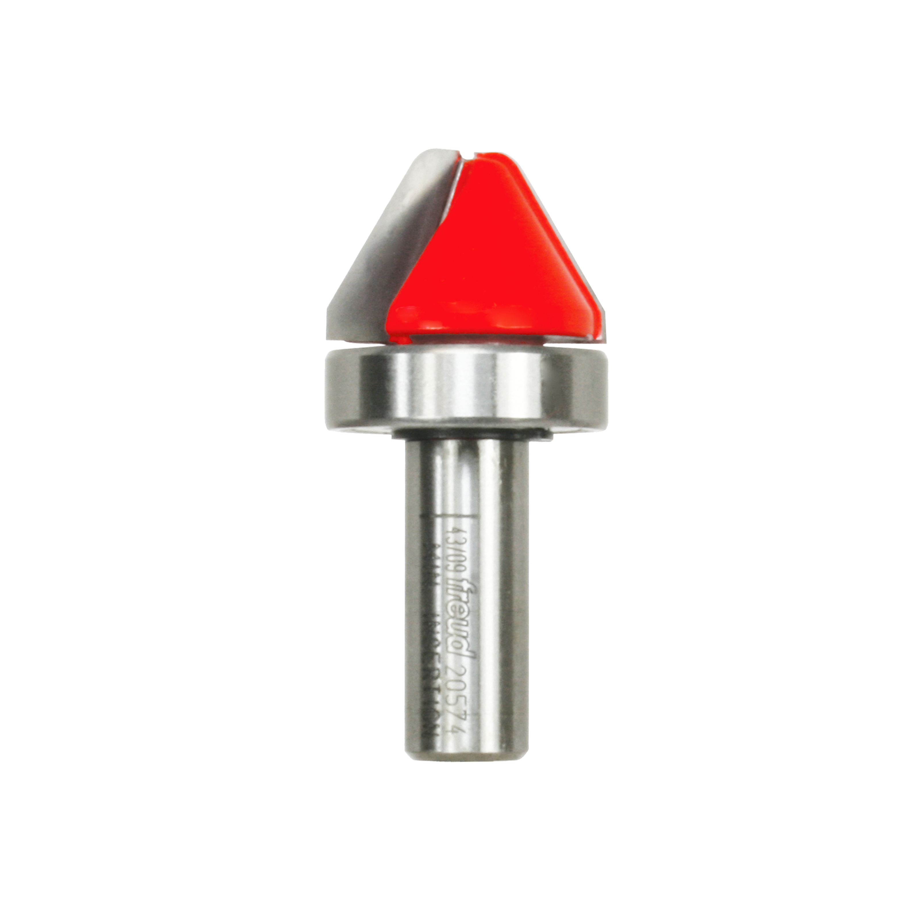 Metal router bit with red triangular cutting head and silver shank for lettering and engraving applications.