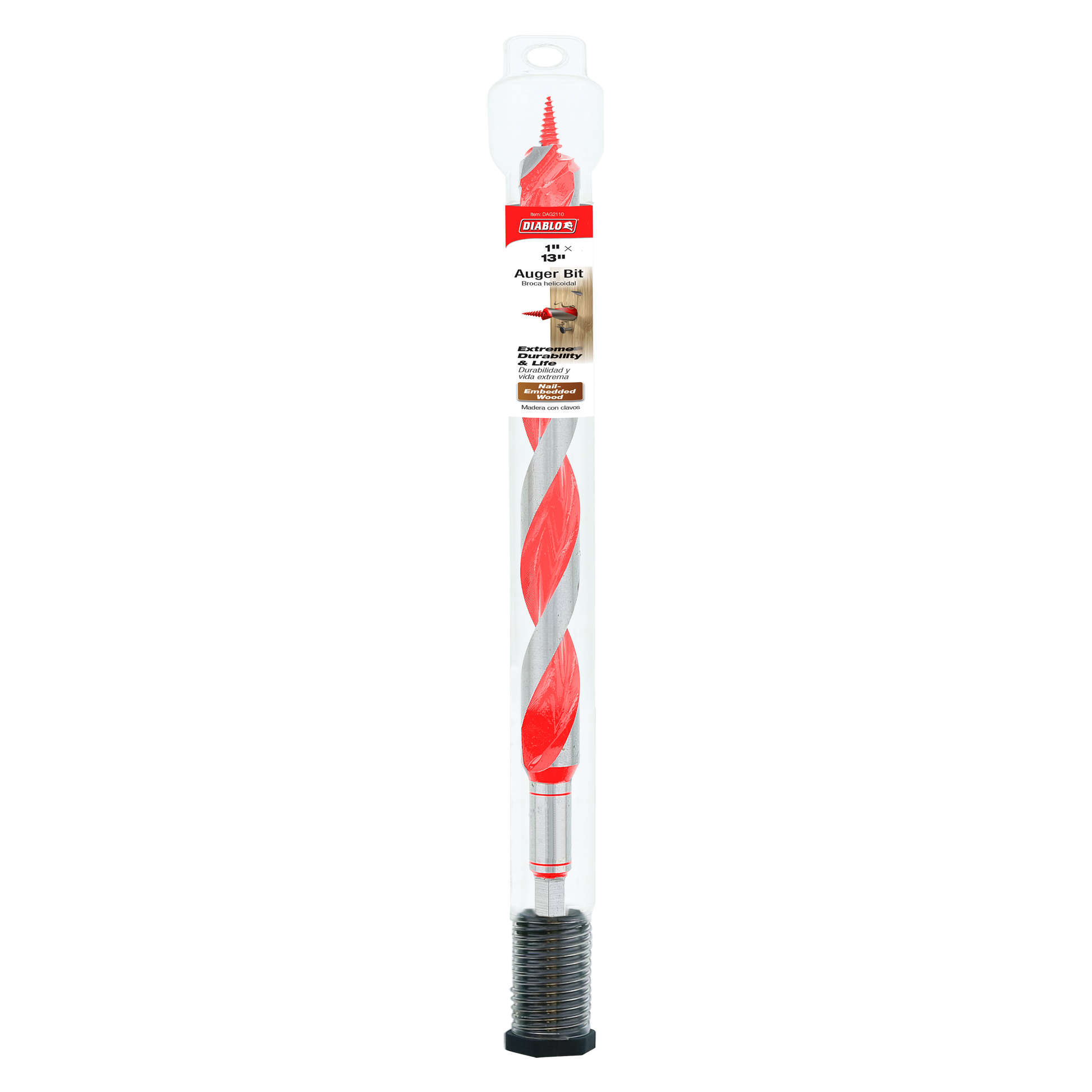 Red and gray spiral auger bit with threaded black base inside clear plastic packaging labeled Diablo.