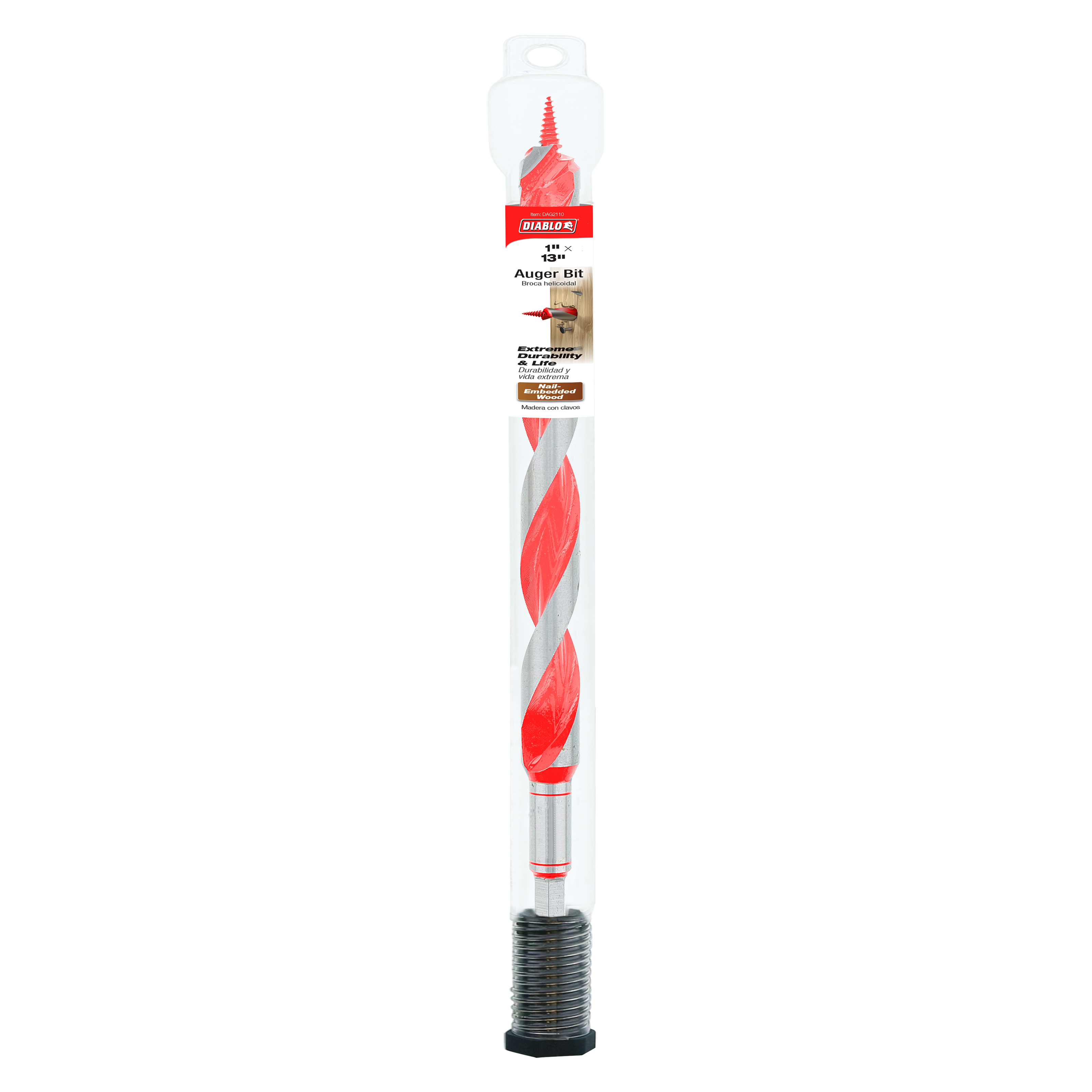 Red and gray spiral auger bit with threaded black base inside clear plastic packaging labeled Diablo.