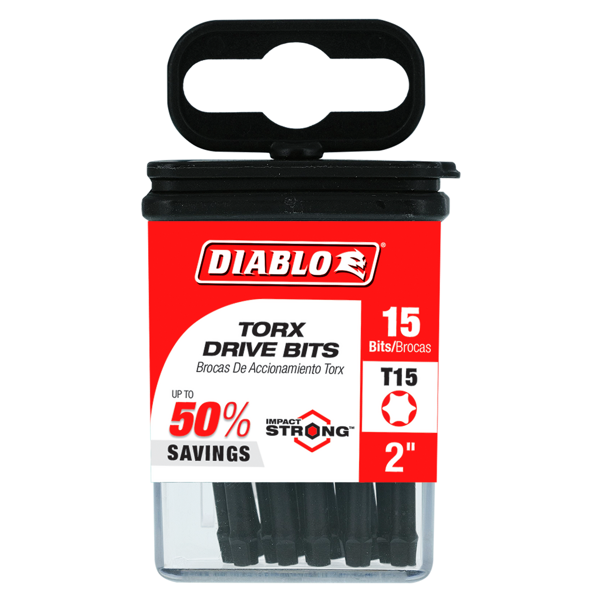 Pack of 15 black Torx T15 drive bits, 2 inches long, in red and black Diablo branded container with handle.