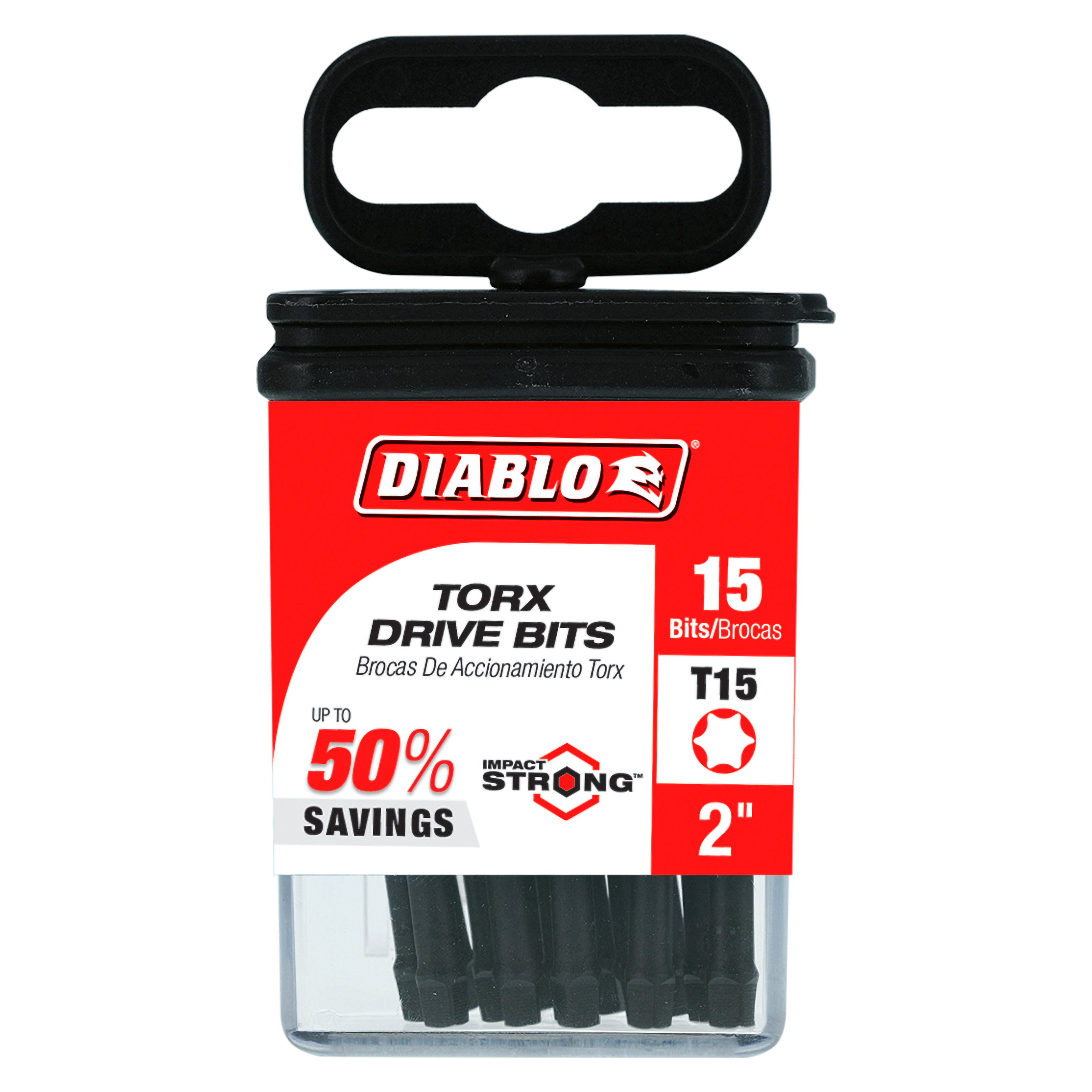 Pack of 15 black Torx T15 drive bits, 2 inches long, in red and black Diablo branded container with handle.