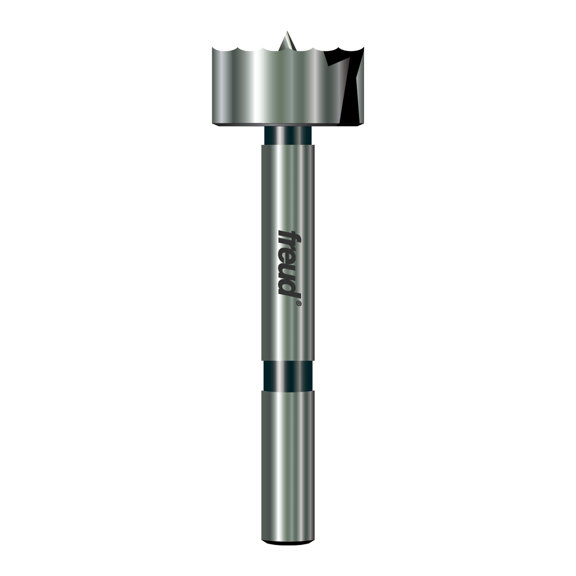 Freud Forstner bit with cylindrical steel shaft and wide cutting head with curved outer edge and center point.