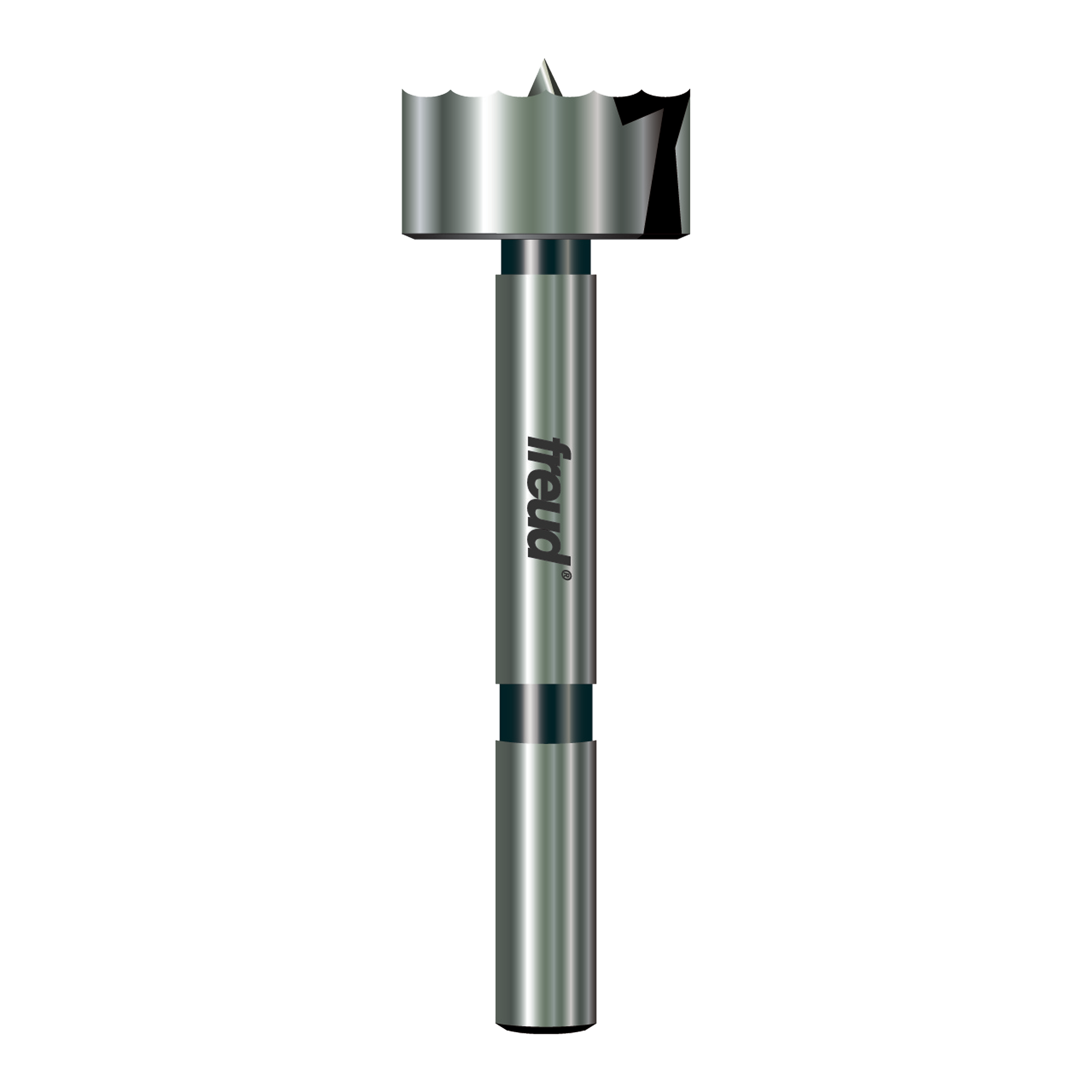 Freud Forstner bit with cylindrical steel shaft and wide cutting head with curved outer edge and center point.