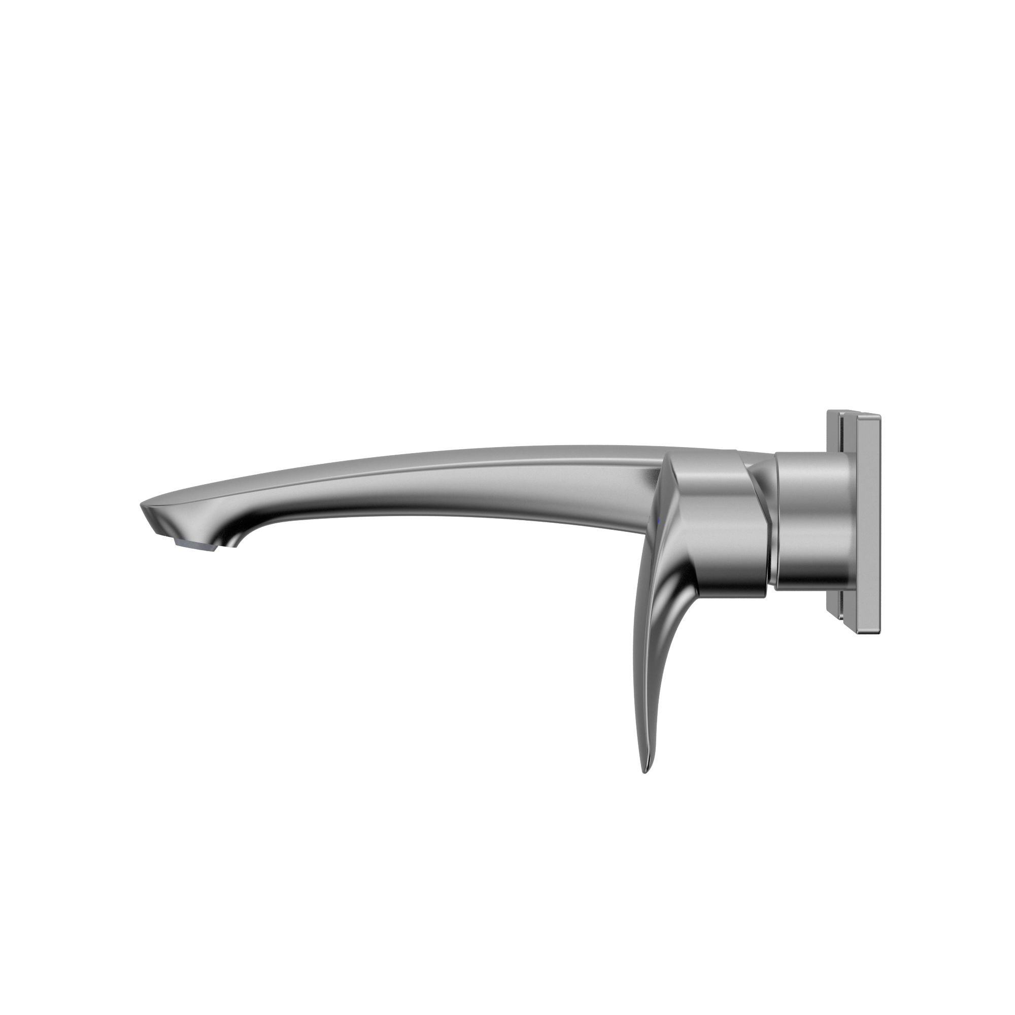 Polished chrome wall-mount bathroom faucet with single lever handle and curved spout.