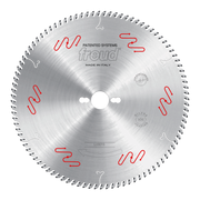 Freud 300mm circular saw blade with fine teeth around the edge, white center arbor hole, and red and white wave pattern marki