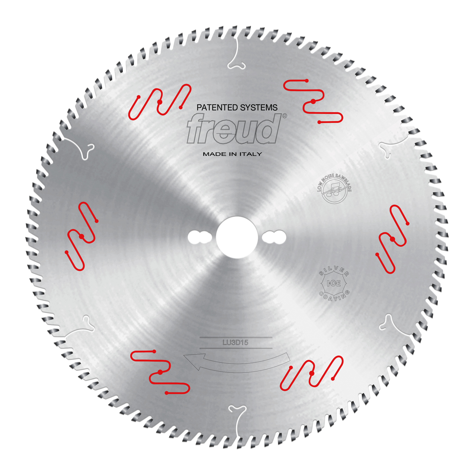 Freud 300mm circular saw blade with fine teeth around the edge, white center arbor hole, and red and white wave pattern marki