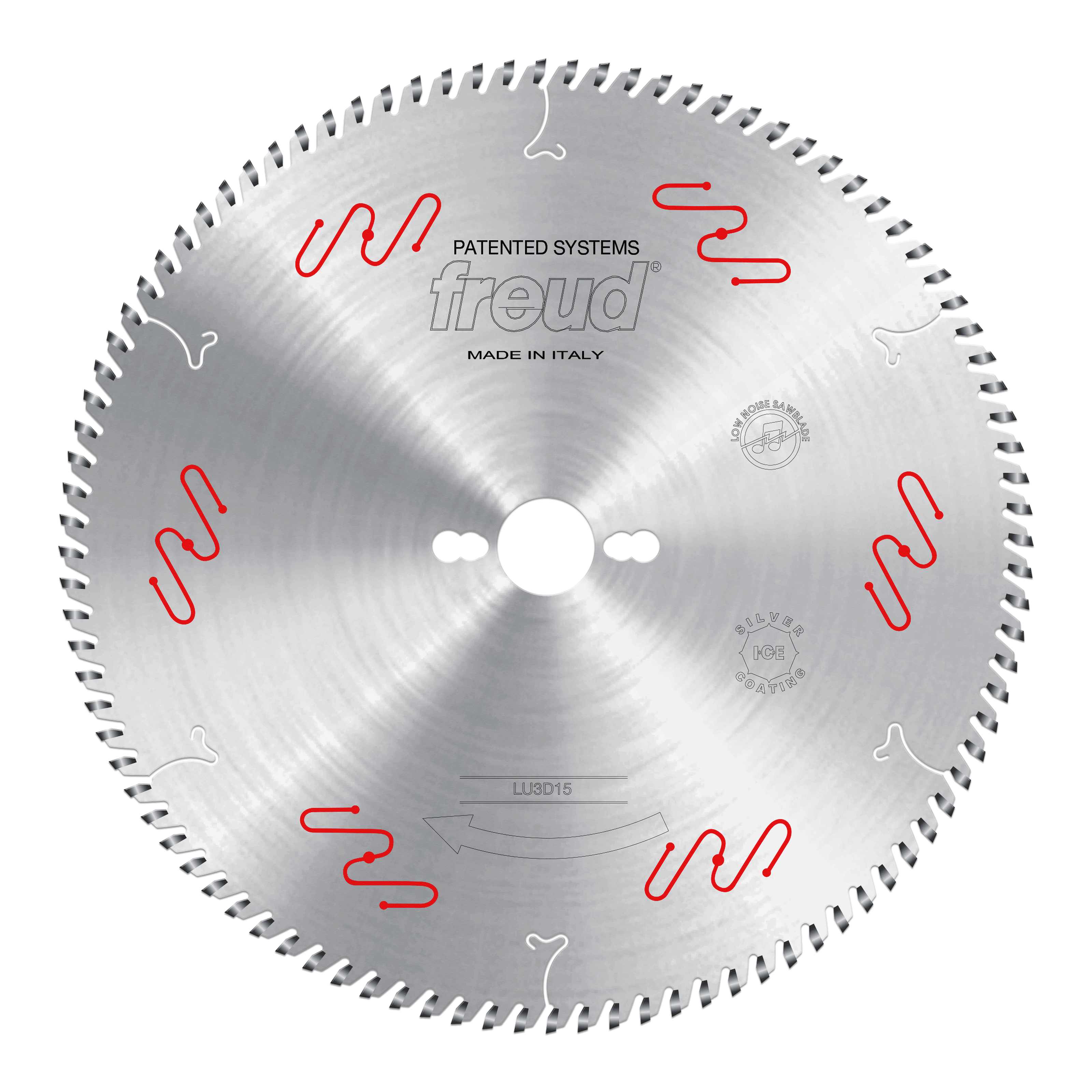 Freud 300mm circular saw blade with fine teeth around the edge, white center arbor hole, and red and white wave pattern marki