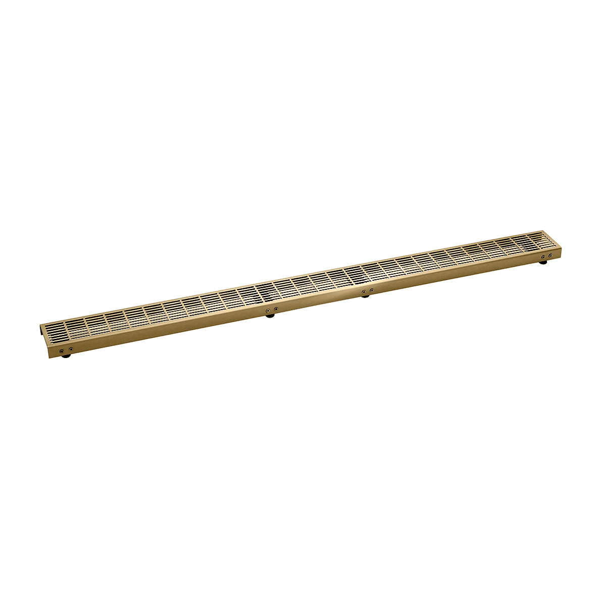 Satin bronze linear drain grate with parallel slat pattern and mounting flanges on sides.