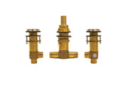 Brass three-hole rough-in valve assembly with center spout and two side outlets, featuring adjustable cartridge stems and thr