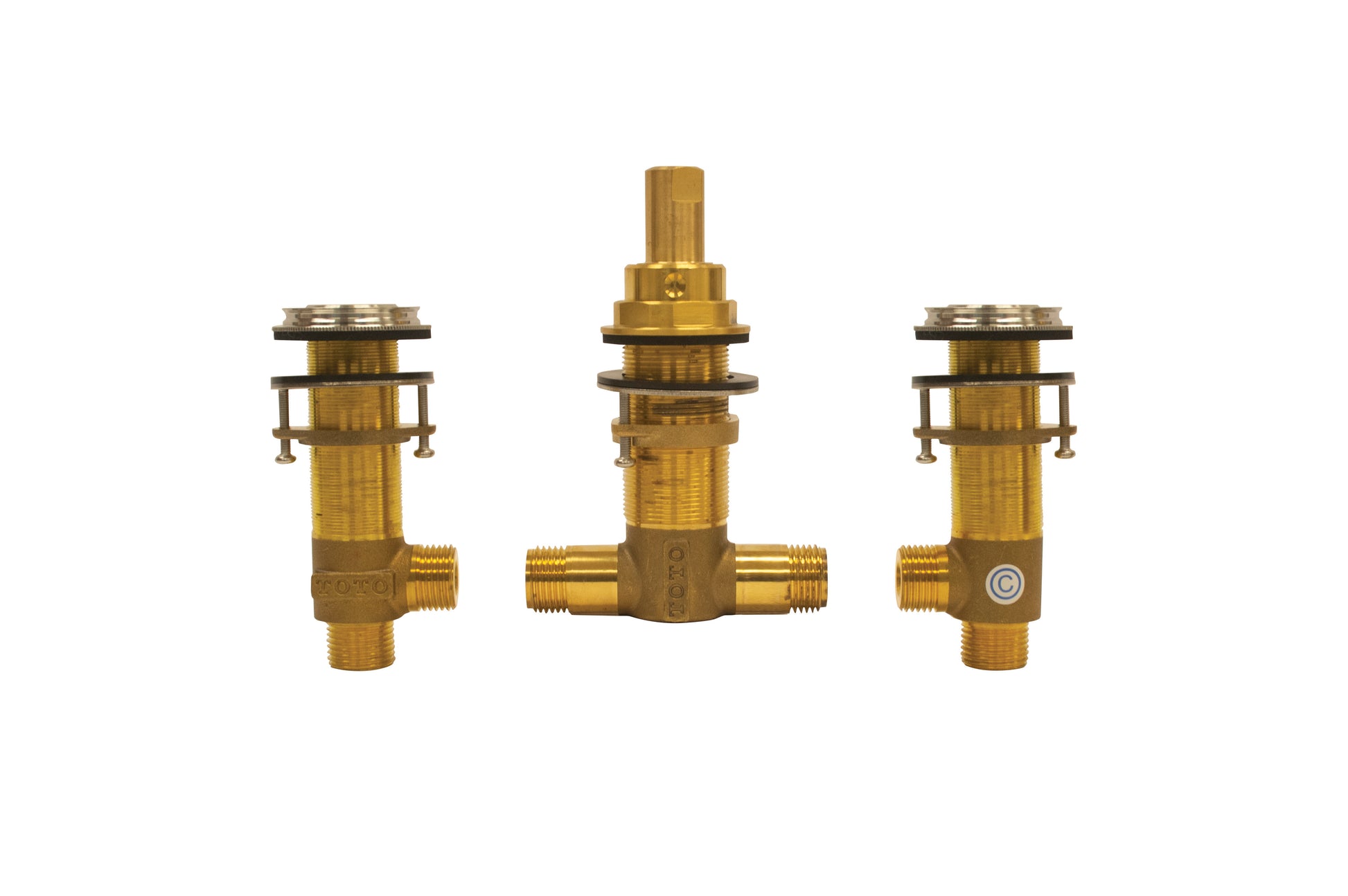 Brass three-hole rough-in valve assembly with center spout and two side outlets, featuring adjustable cartridge stems and thr