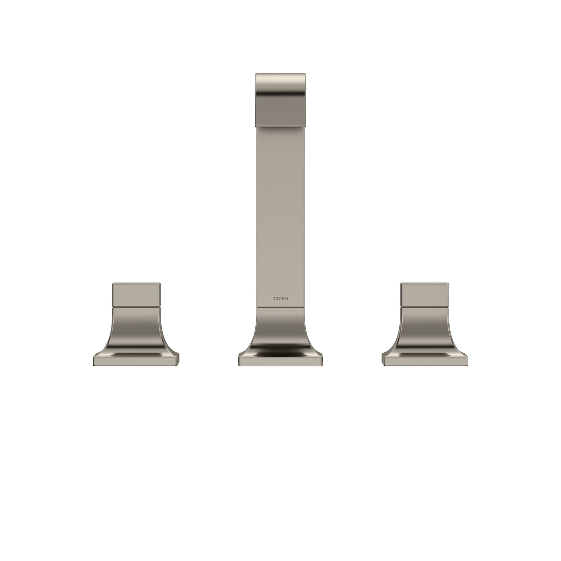 Polished nickel two-handle widespread bathroom sink faucet with tall central spout and separate handles on each side.
