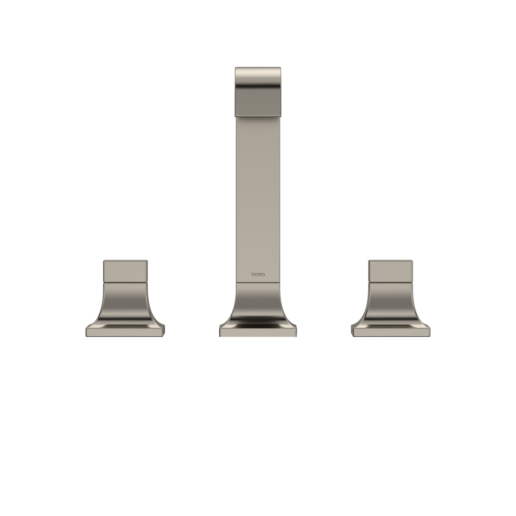 Polished nickel two-handle widespread bathroom sink faucet with tall central spout and separate handles on each side.