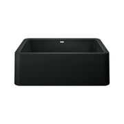 Coal black single bowl farmhouse sink with apron front and rounded corners.