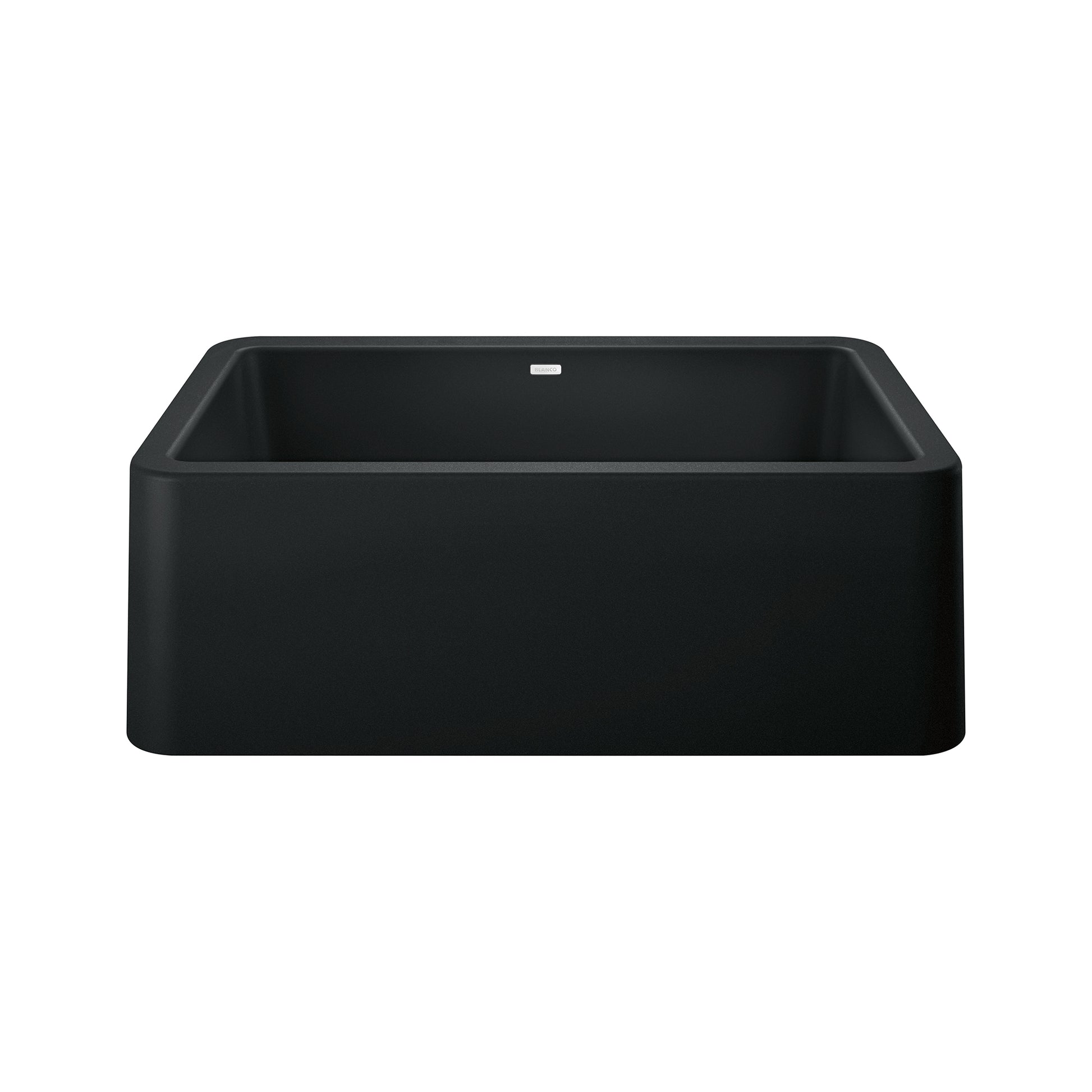 Coal black single bowl farmhouse sink with apron front and rounded corners.
