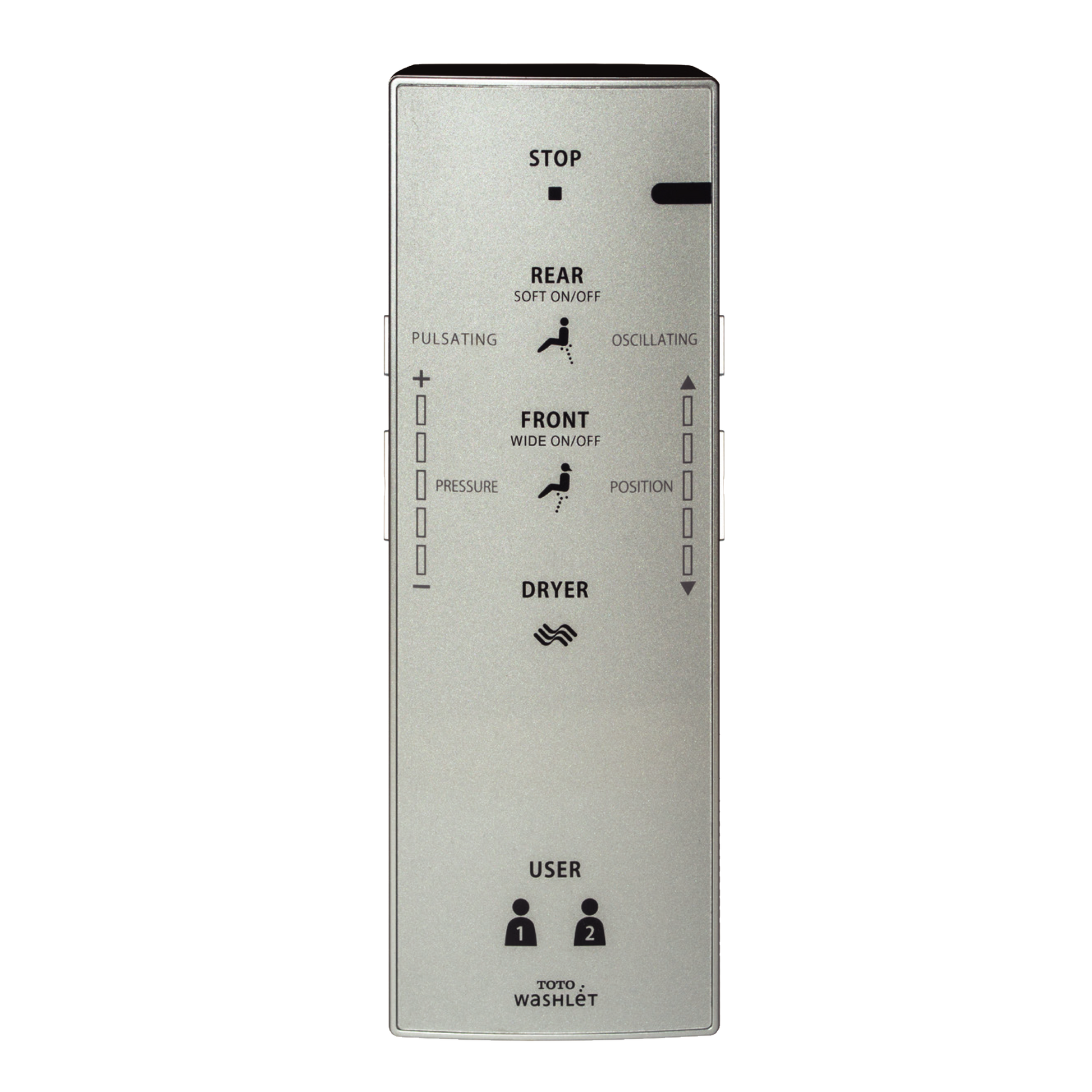 Toto WASHLET S300E remote control with silver face panel featuring buttons for stop, rear/front wash, pulsating/oscillating, 