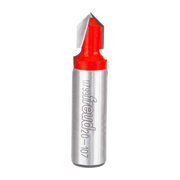 Silver metal V-groove router bit with red cutting head and pointed tip, marked with Freud branding.