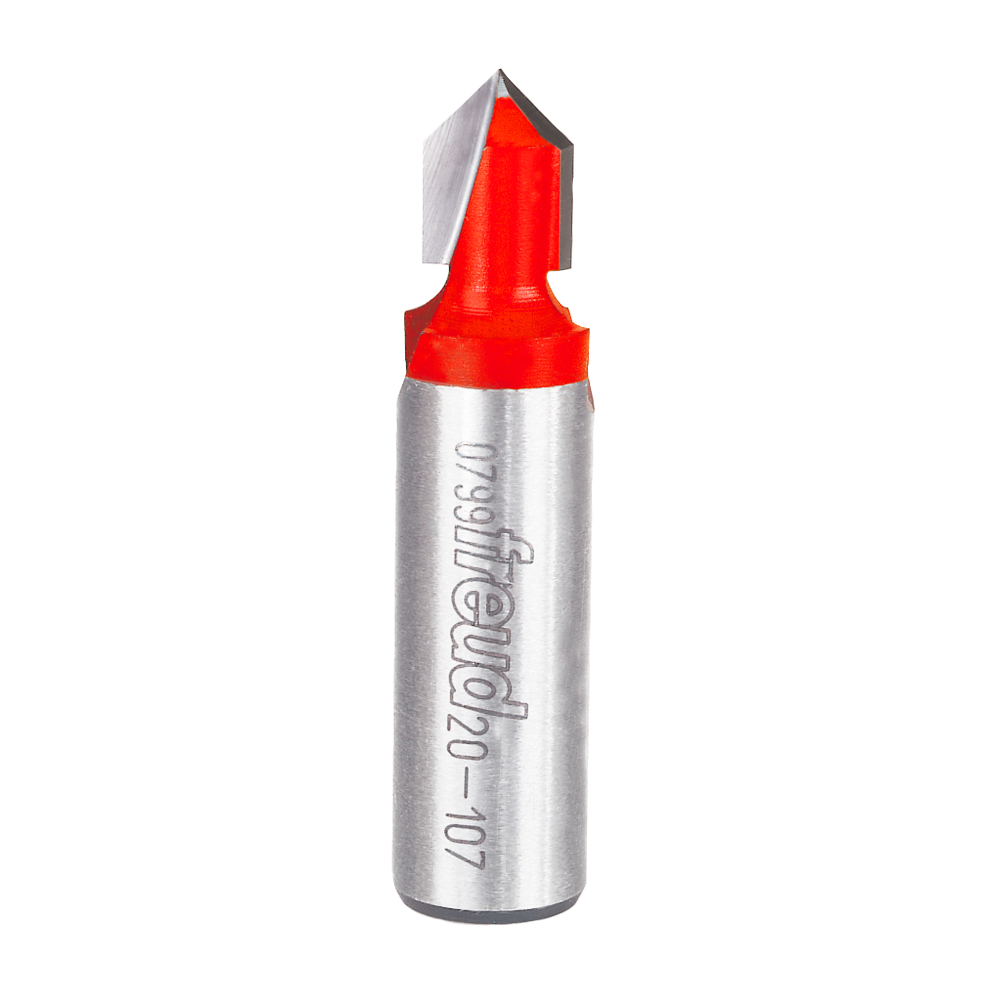 Silver metal V-groove router bit with red cutting head and pointed tip, marked with Freud branding.