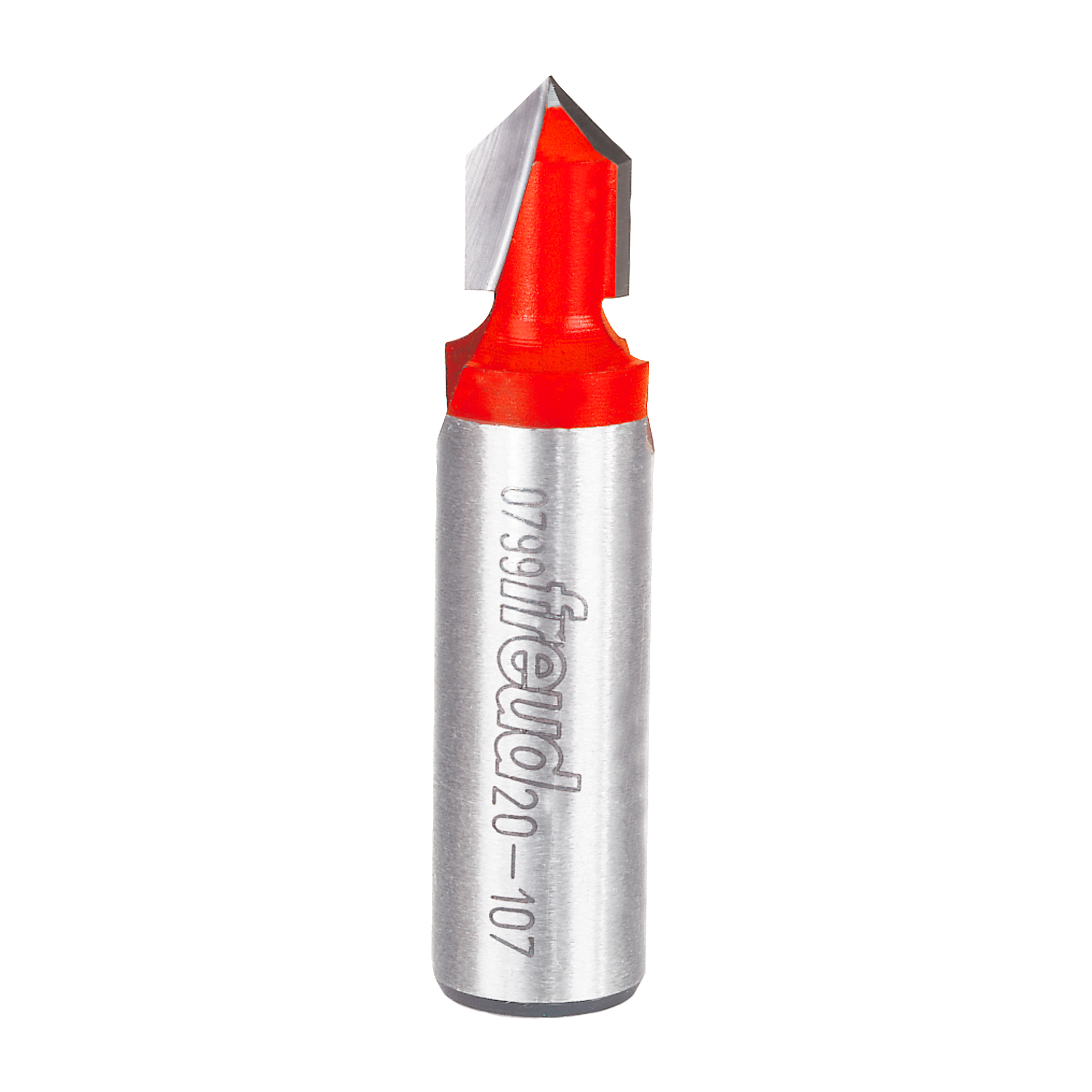 Silver metal V-groove router bit with red cutting head and pointed tip, marked with Freud branding.