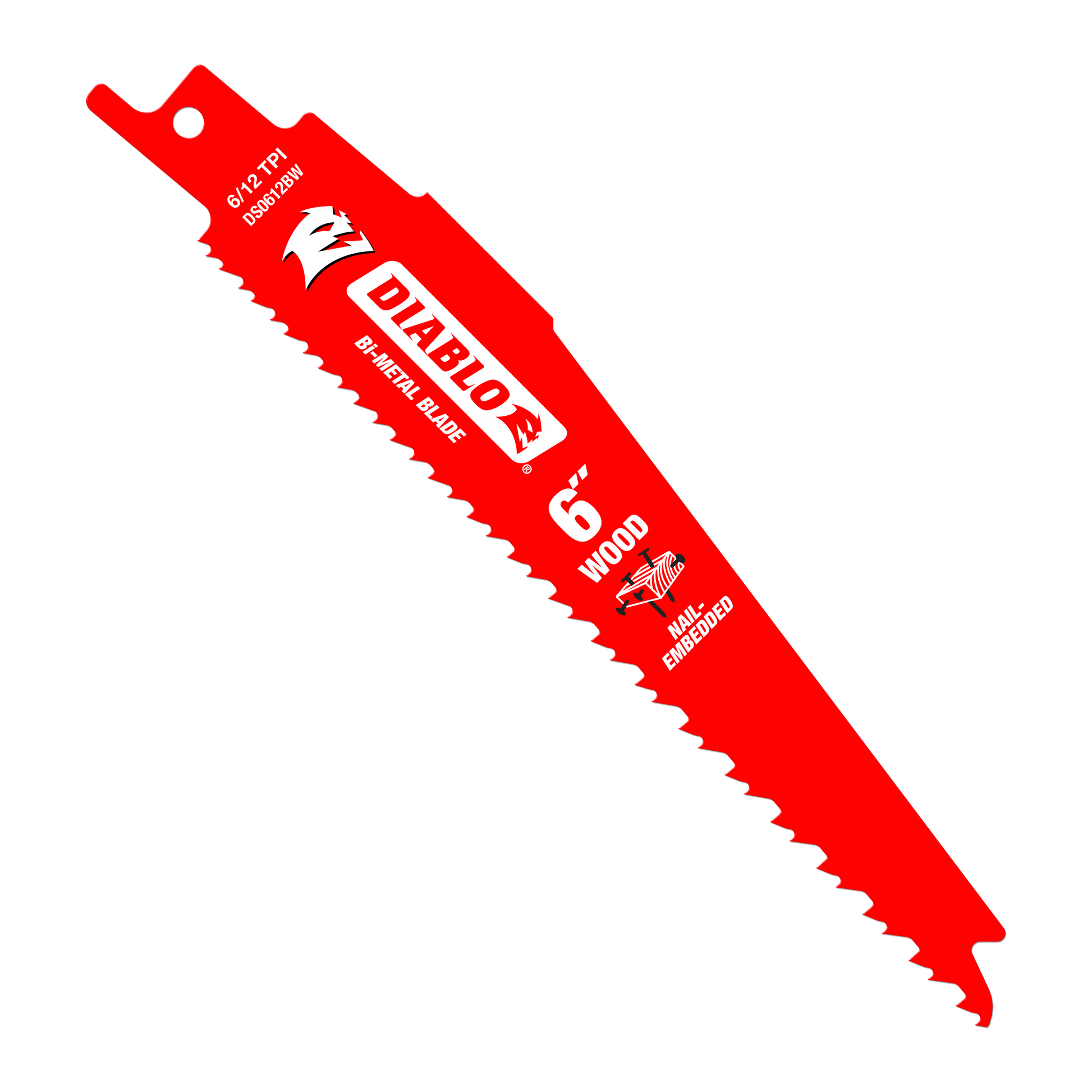 Red bi-metal reciprocating saw blade with serrated cutting edge and mounting hole at top.