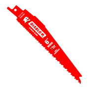 Red bi-metal reciprocating saw blade with serrated edge and mounting hole, labeled for wood and nails.