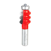 Router bit with red cutting head featuring three rounded flutes, silver shank, and metal bearing at top.