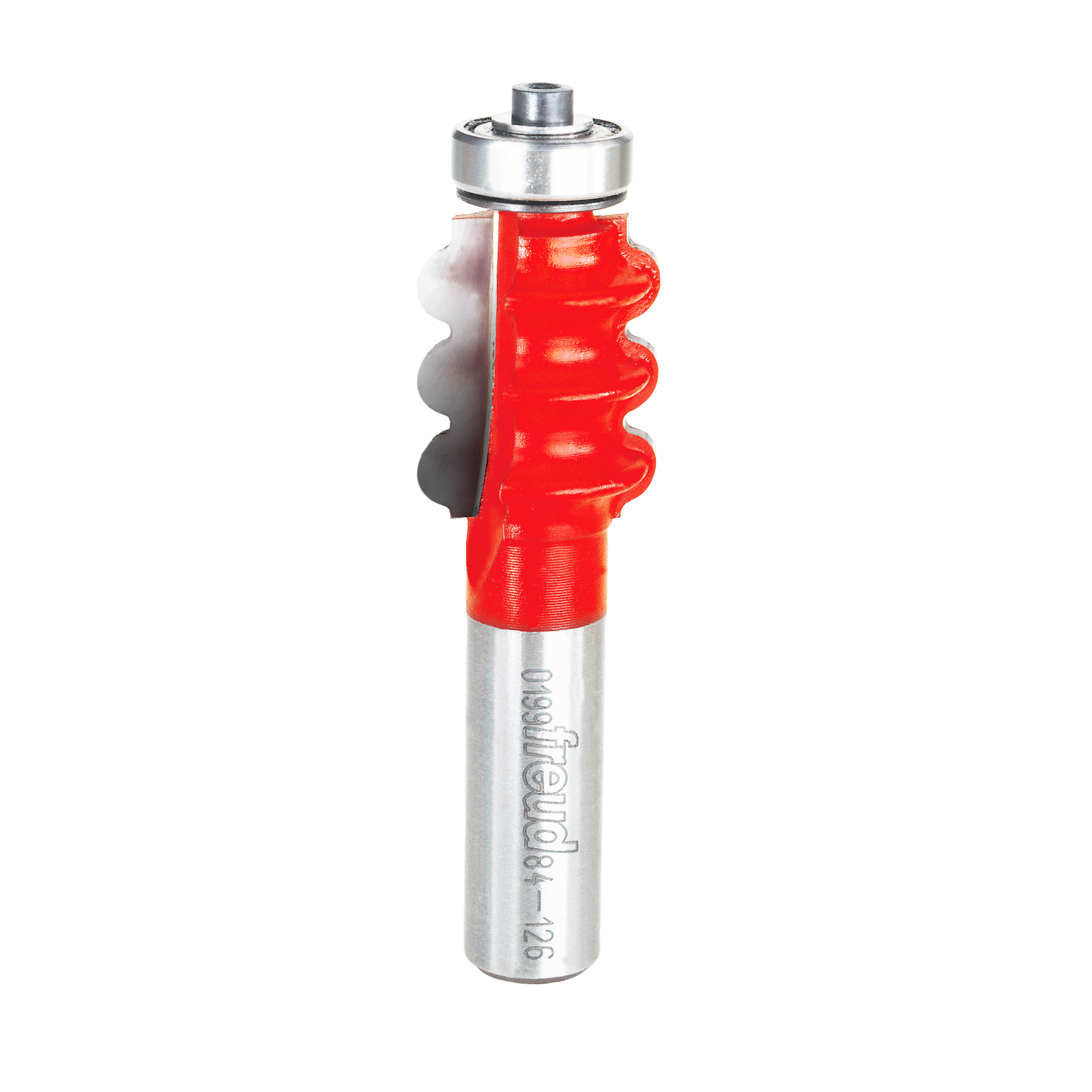 Router bit with red cutting head featuring three rounded flutes, silver shank, and metal bearing at top.