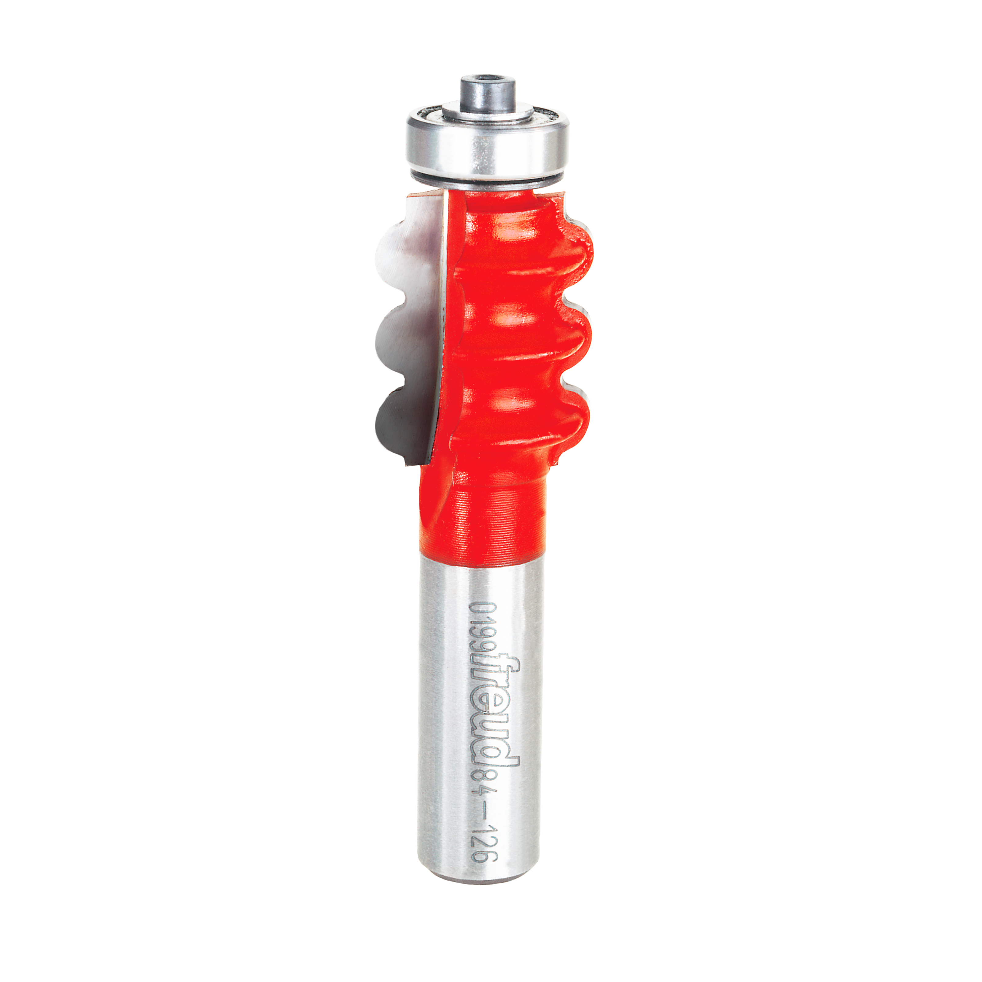 Router bit with red cutting head featuring three rounded flutes, silver shank, and metal bearing at top.