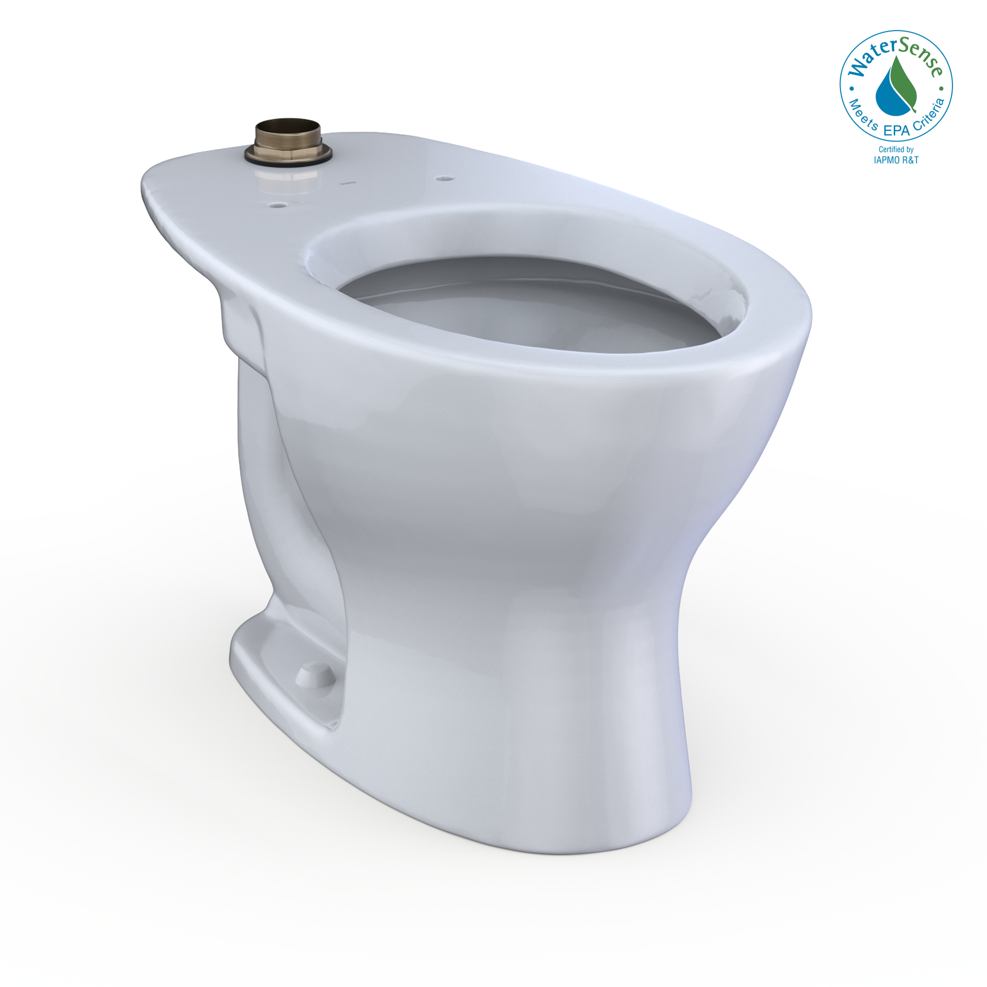 White elongated commercial toilet bowl with flushometer connection and mounting holes visible on top.