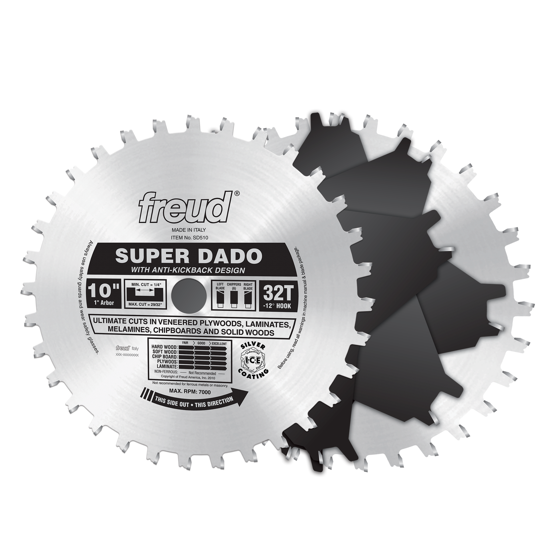 Freud SD510 10" Super Dado saw blade set with 32-tooth carbide-tipped blade and black spacer ring.