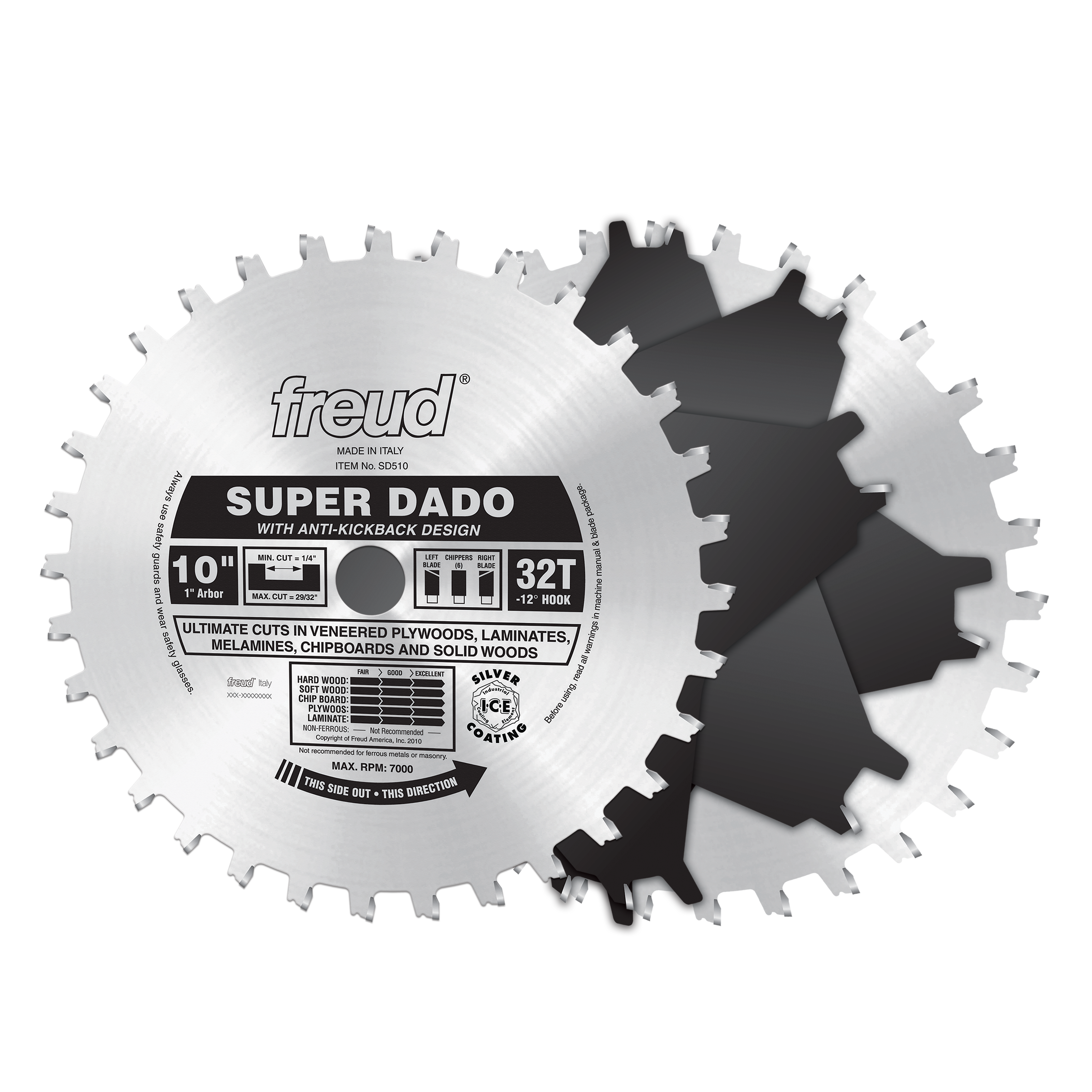 Freud SD510 10" Super Dado saw blade set with 32-tooth carbide-tipped blade and black spacer ring.