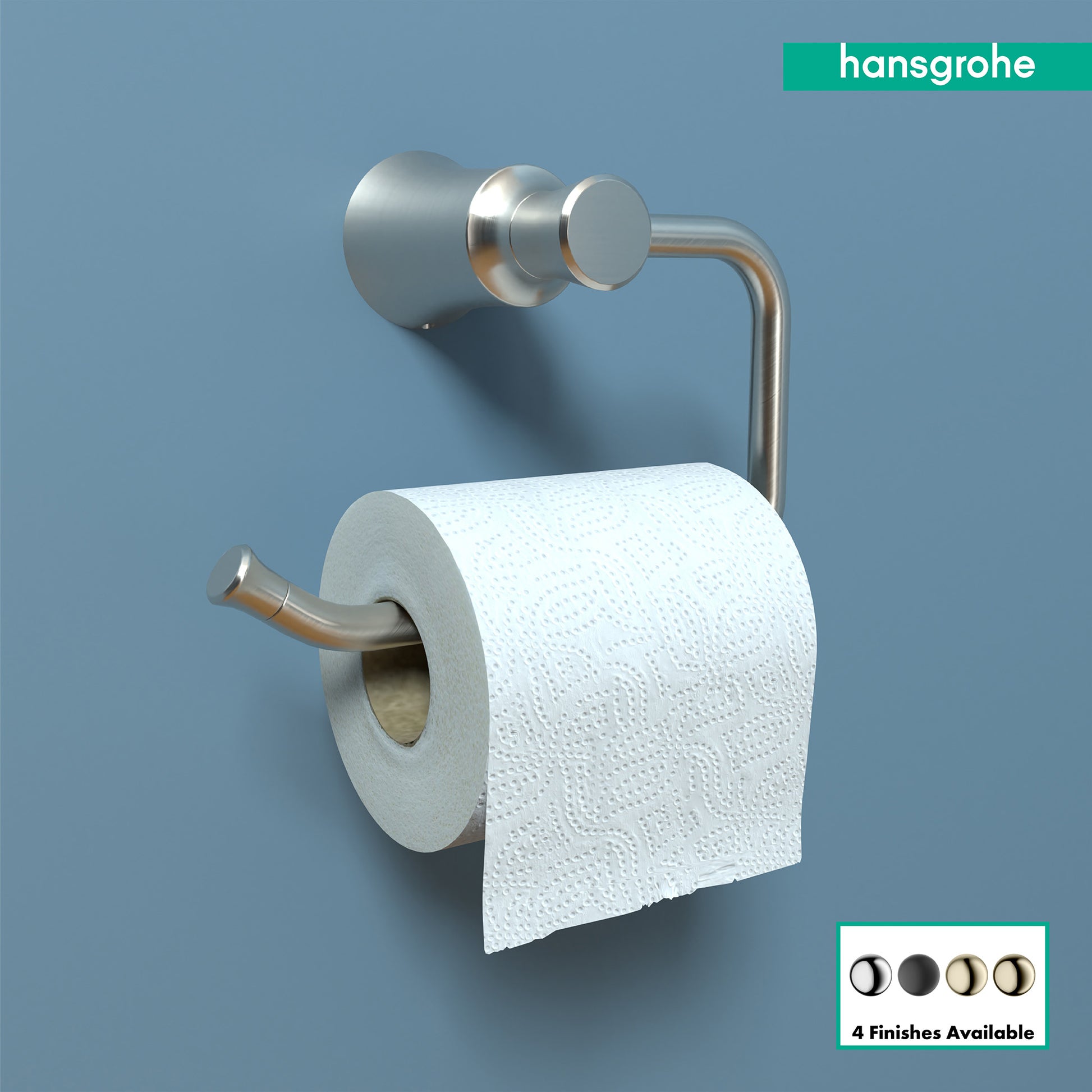 Brushed nickel toilet paper holder with curved arm and cylindrical mounting plate holding white roll against blue wall.