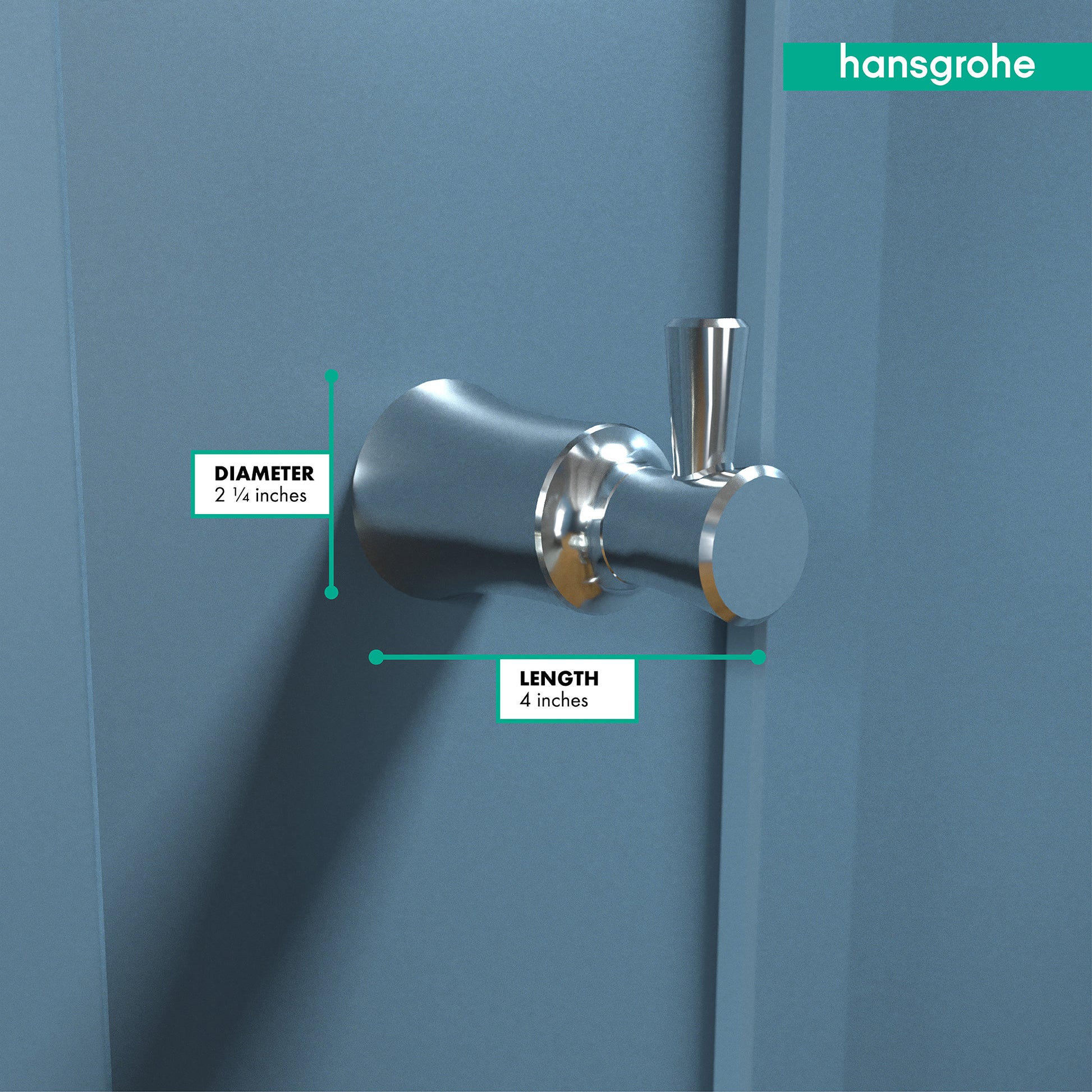 Chrome hook with cylindrical base and angled hook arm, mounted on wall with dimensions labeled.