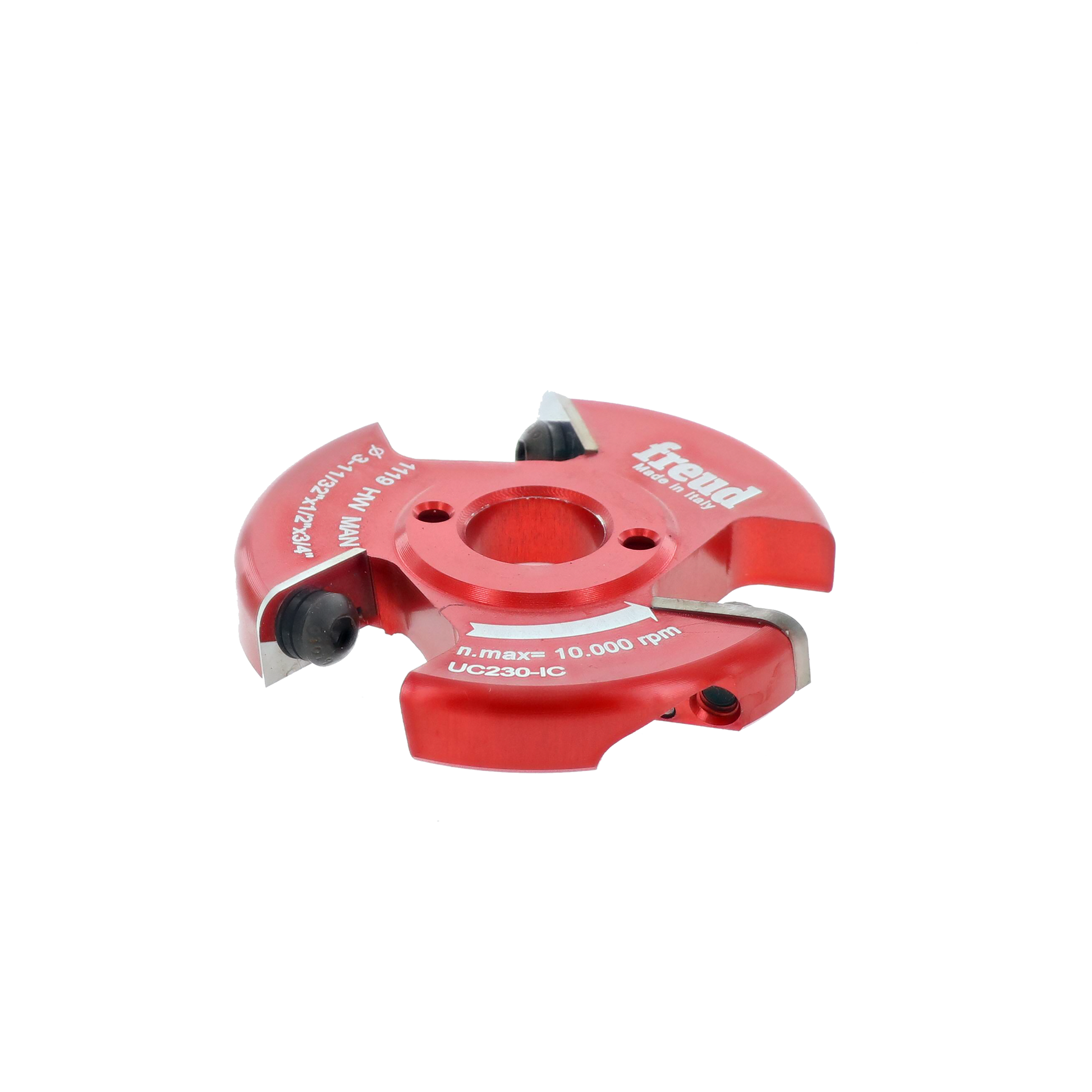 Red Freud UC230-IC backcutter with dual cutting edges and adjustment screws, shown against white background.