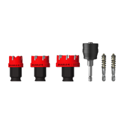 Six-piece hole cutter set with red and black carbide cutters and steel accessories arranged in a row.