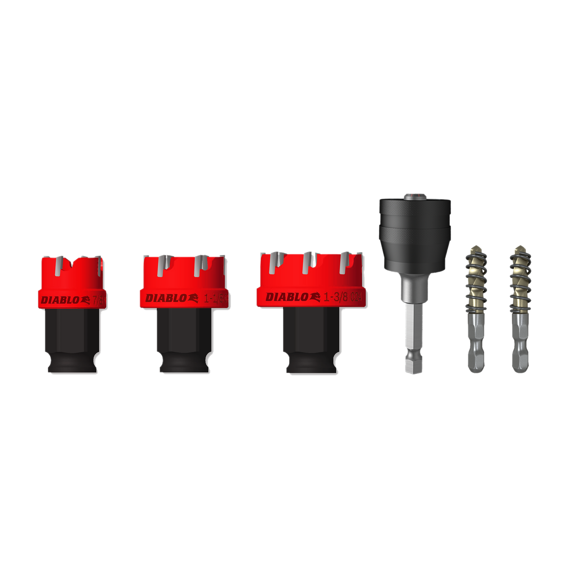 Six-piece hole cutter set with red and black carbide cutters and steel accessories arranged in a row.