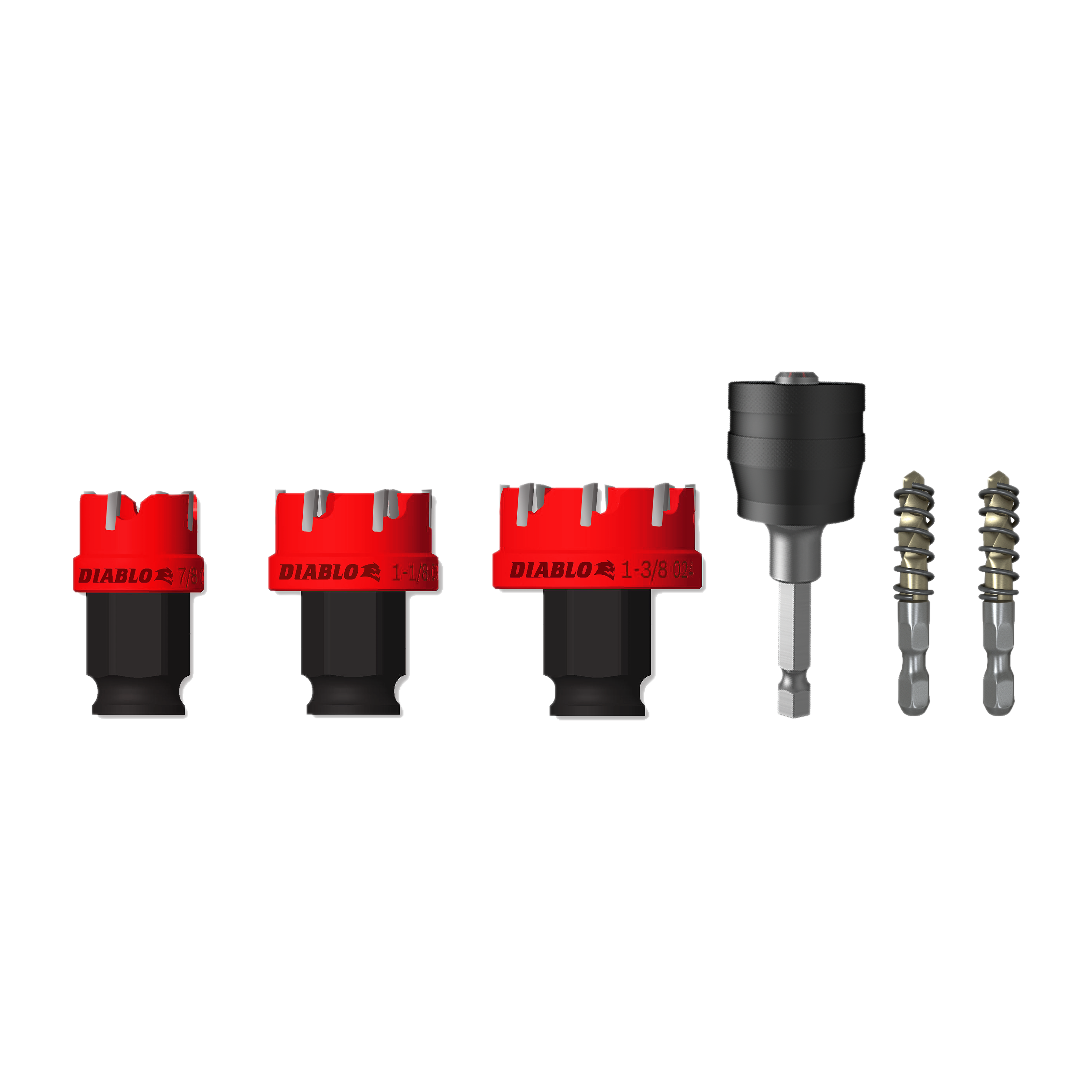 Six-piece hole cutter set with red and black carbide cutters and steel accessories arranged in a row.