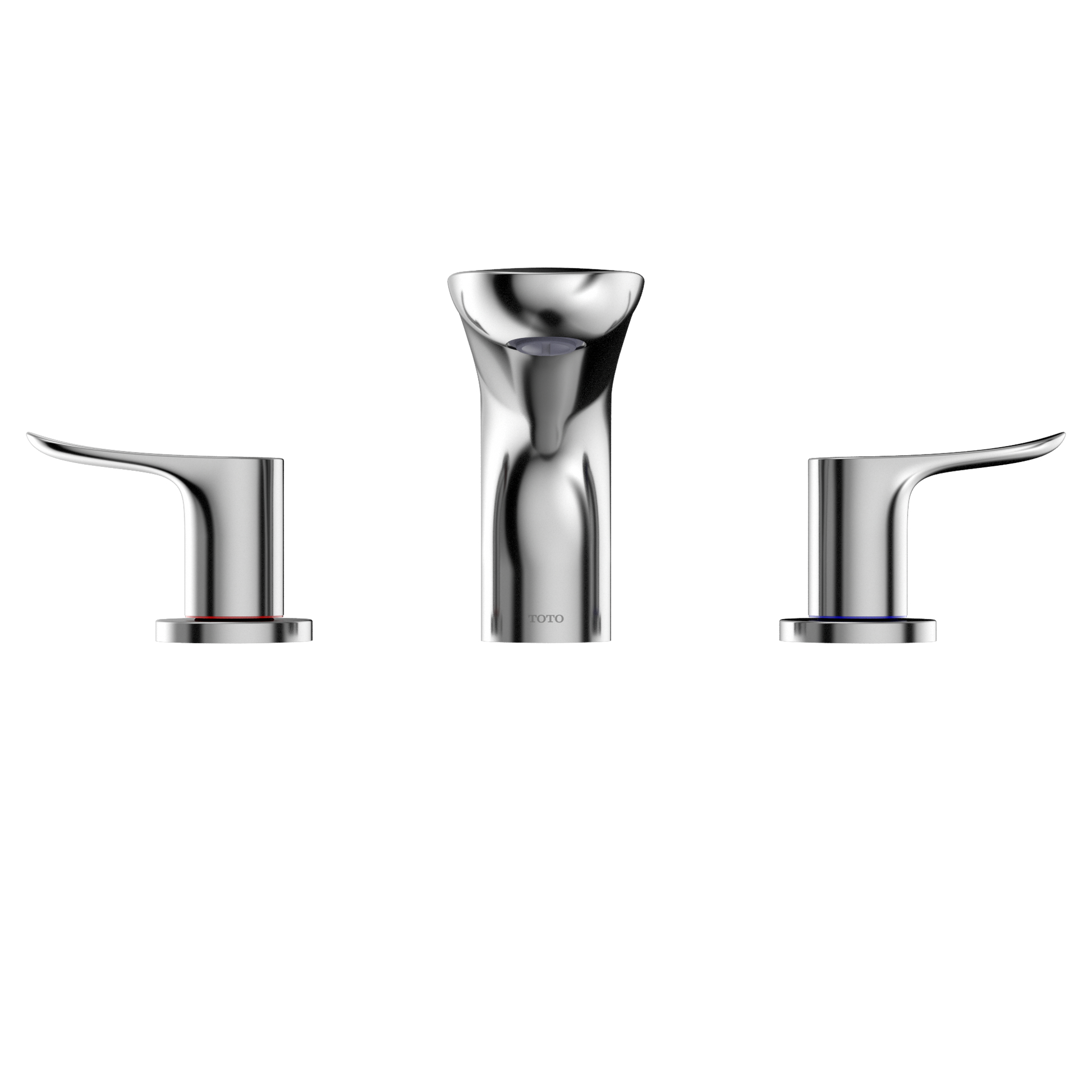 Polished chrome two-handle roman tub filler with center spout and lever handles on either side.