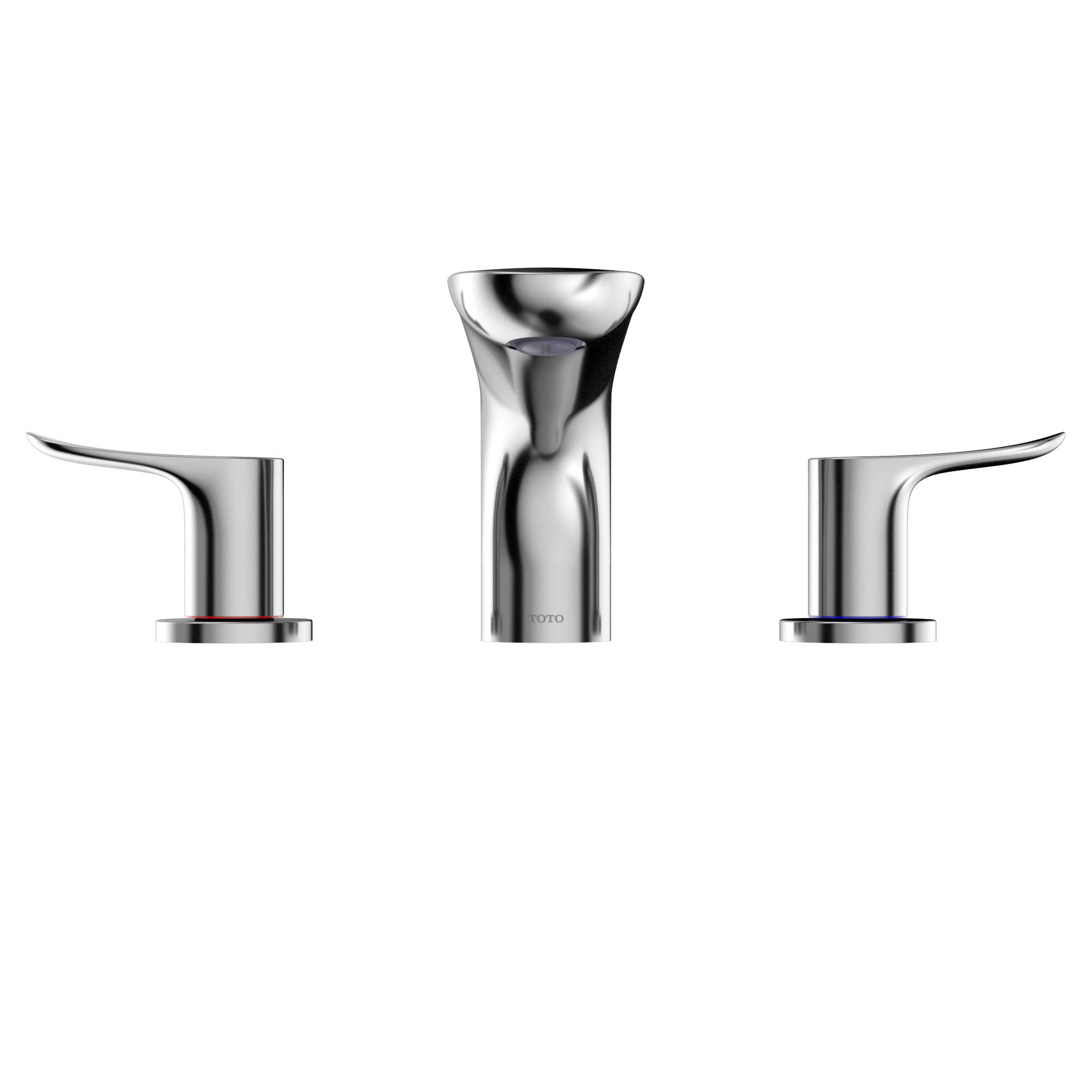 Polished chrome two-handle roman tub filler with center spout and lever handles on either side.