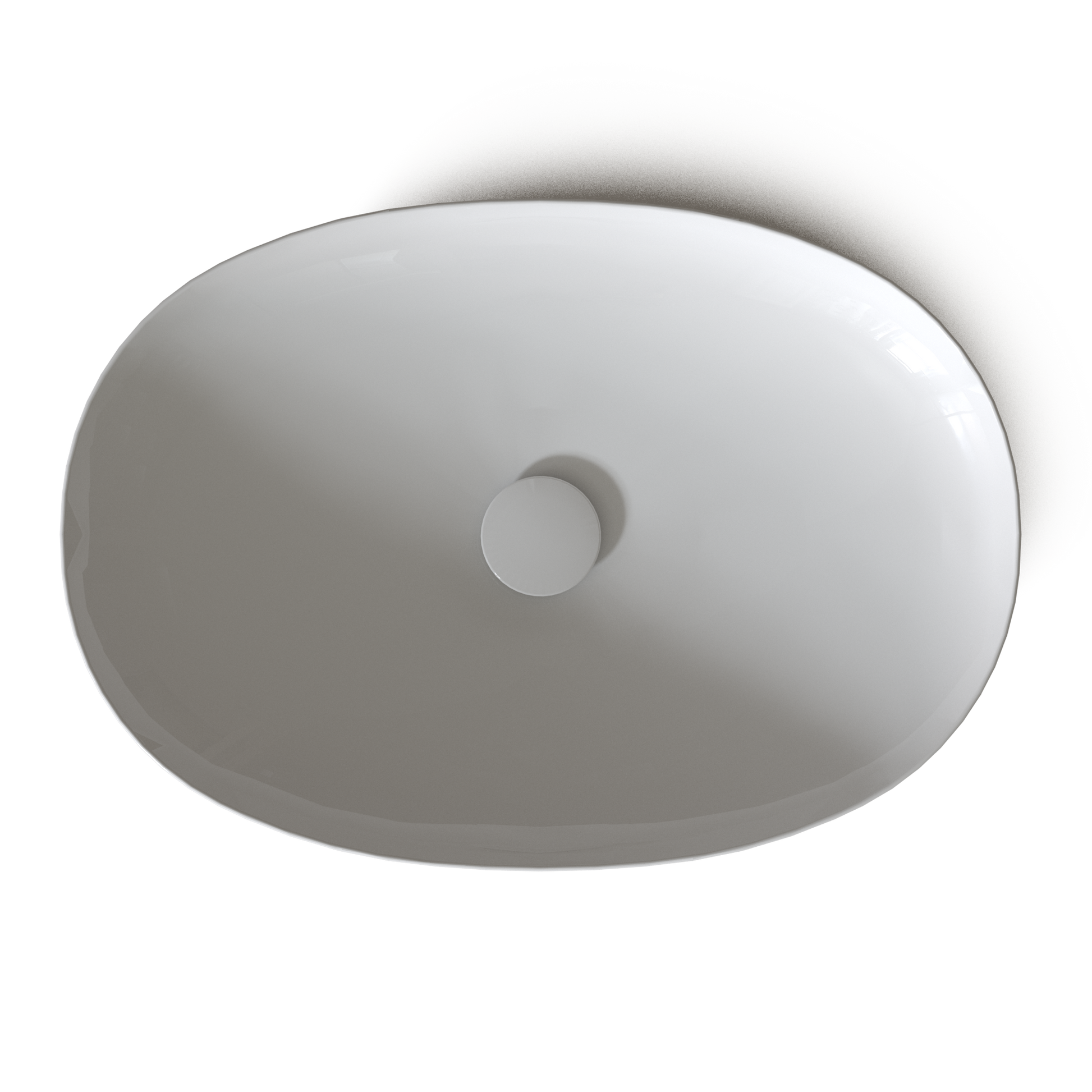White oval vessel sink with center drain hole, viewed from above.