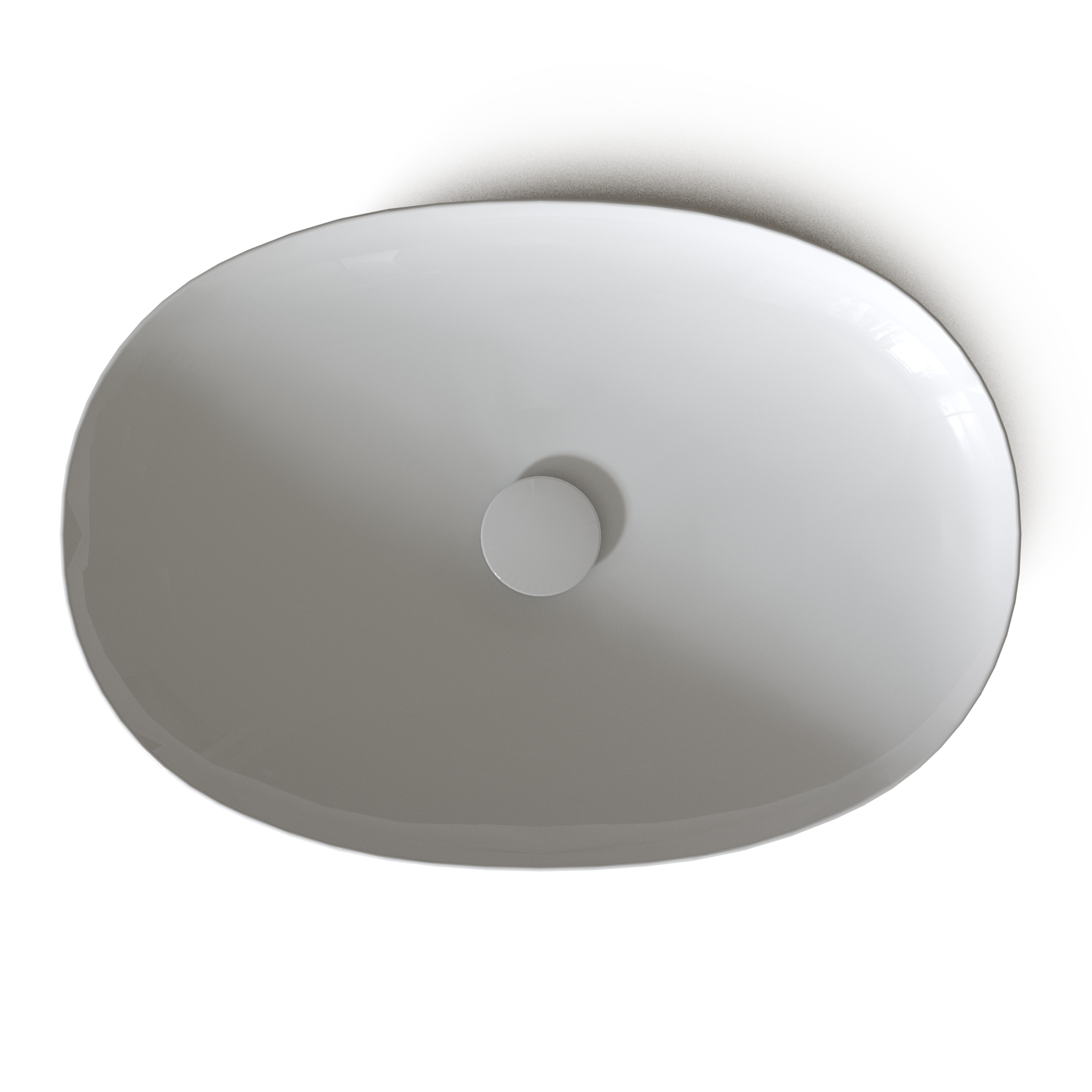 White oval vessel sink with center drain hole, viewed from above.