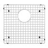 Stainless steel sink grid with circular center opening and corner mounting points on crosshatch pattern.
