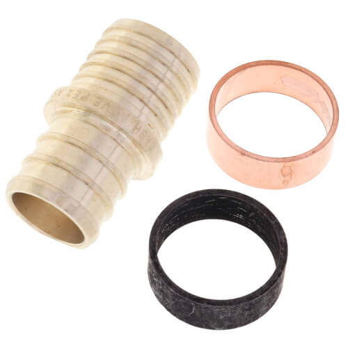 Sharkbite PEX crimp coupling with copper and black plastic ring components for 3/4" pipe connections.