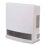White rectangular propane convection heater with horizontal vent slats at base and control labels on side panel.