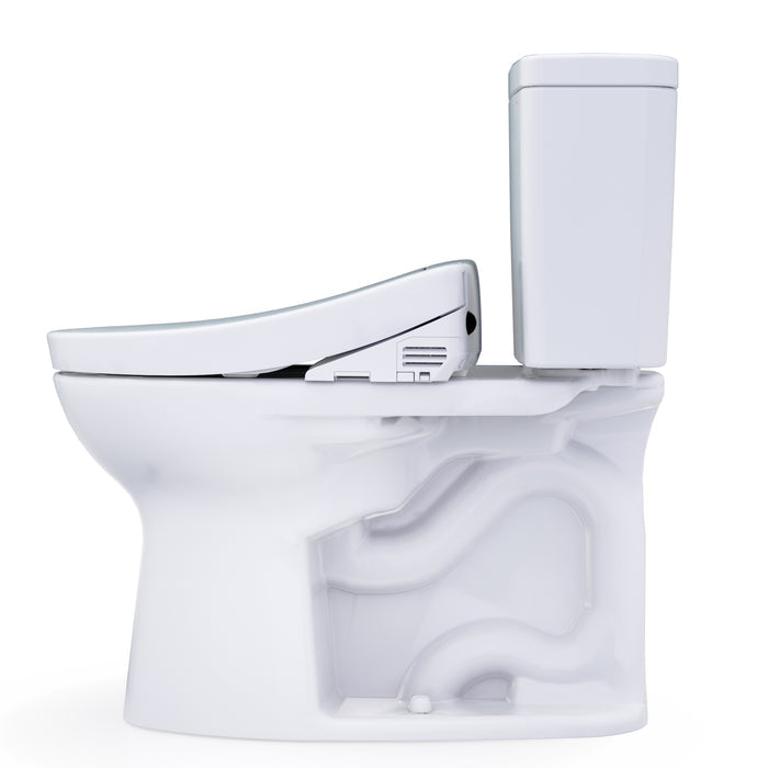 White two-piece elongated toilet with integrated bidet seat and control panel.