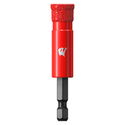 Red diamond grit hole saw with 1/2 inch diameter, textured cutting head, and black bit shaft with hex connector.
