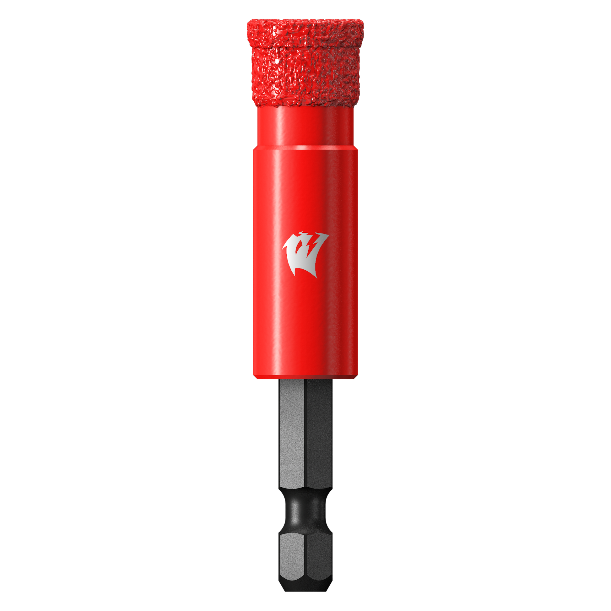 Red diamond grit hole saw with 1/2 inch diameter, textured cutting head, and black bit shaft with hex connector.